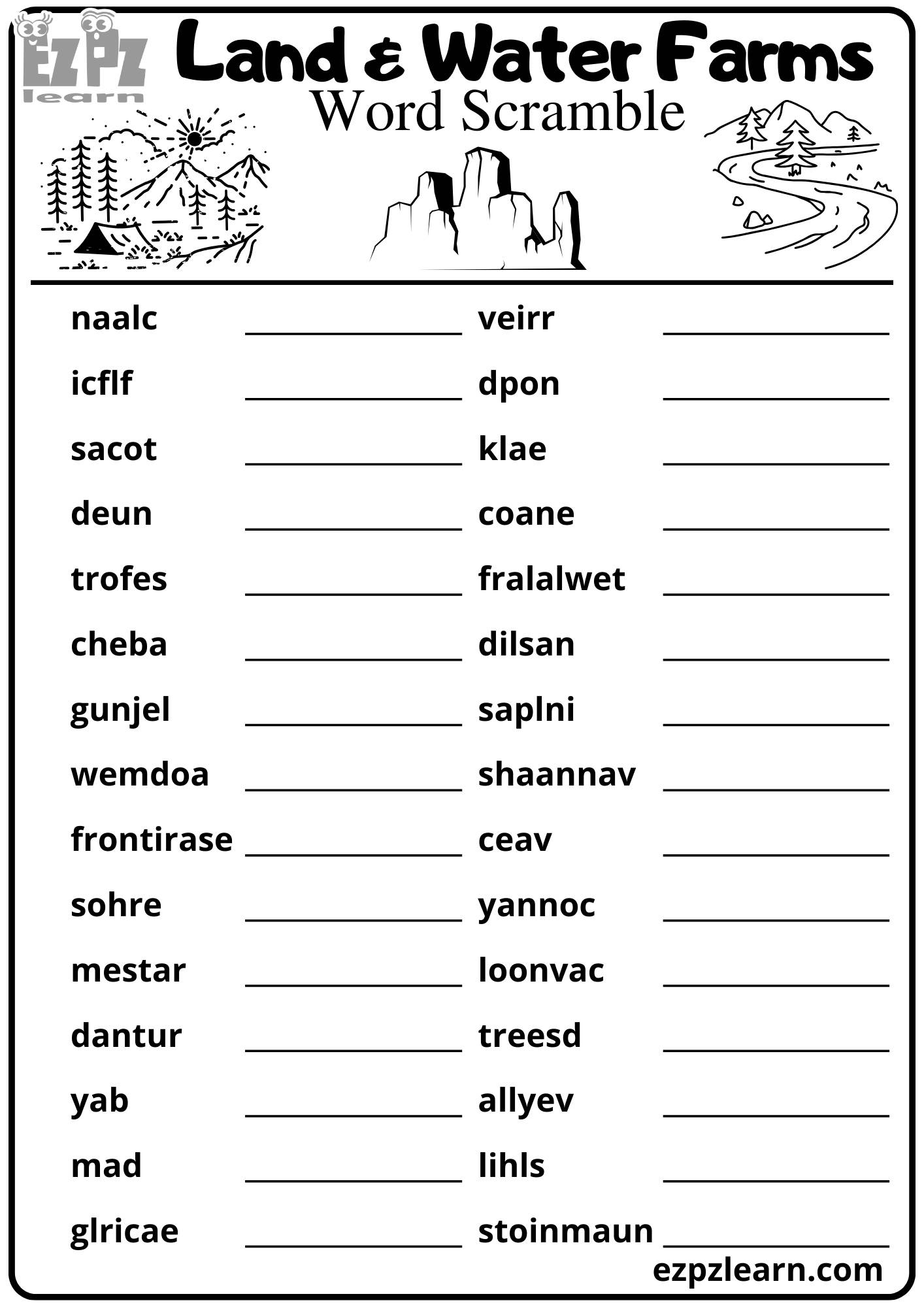 Land and Water Forms Word Scramble 30 Vocabulary Words Free Printable ...