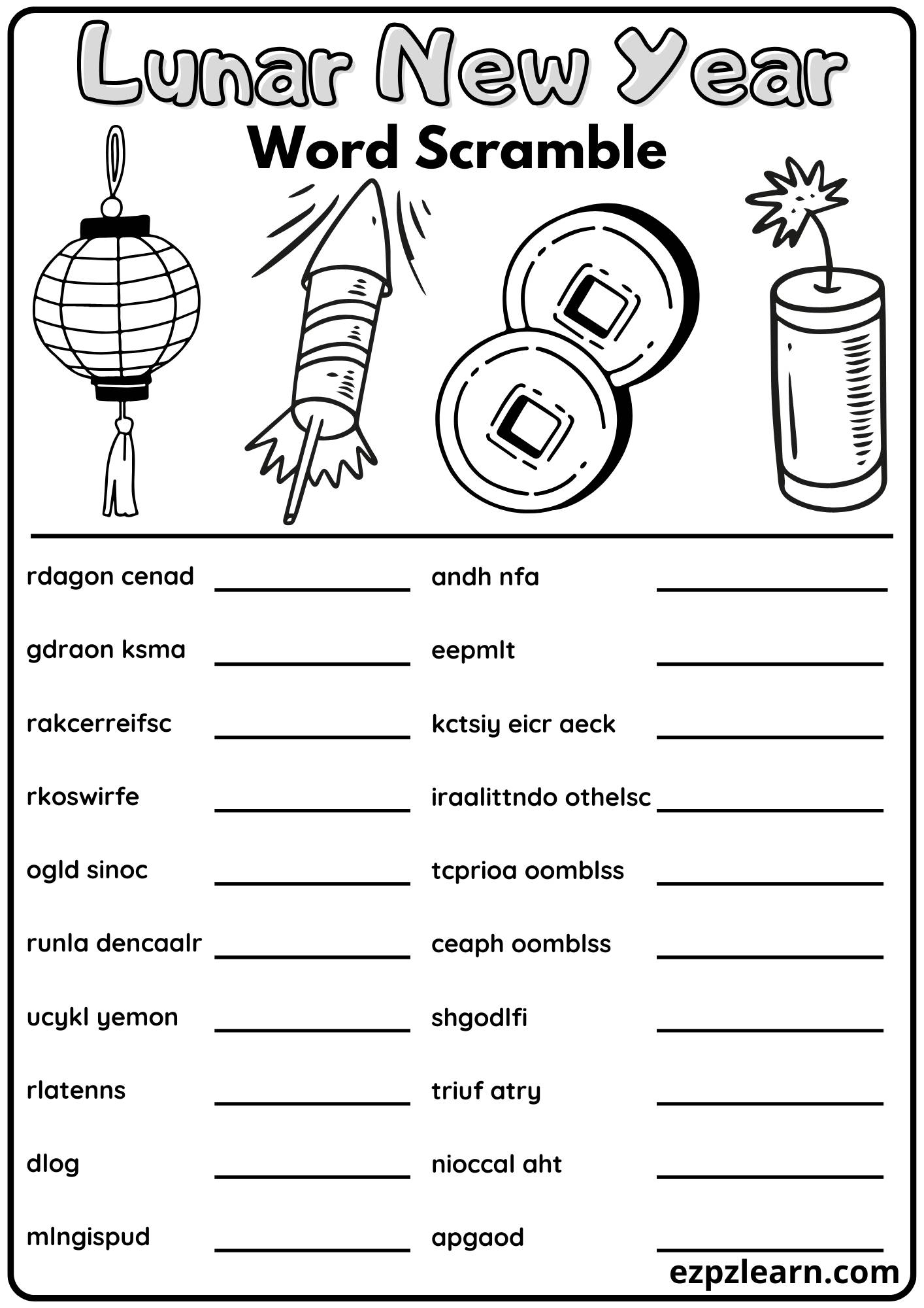 Lunar and Chinese New Year Word Scramble 20 Words Vocabulary Activity Free Printable PDF - Ezpzlearn.com lunar-and-chinese-new-year-word-scramble-20-words-vocabulary-activity-free-printable-pdf-ezpzlearn-com