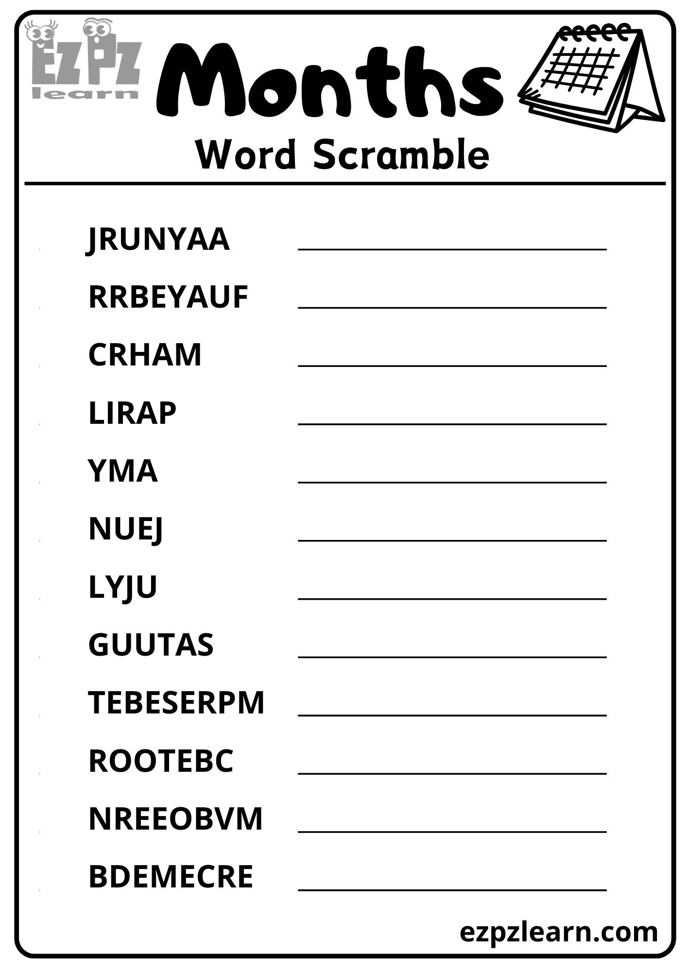 Months of the Year Word Scramble Vocabulary Activity Free Printable PDF - Ezpzlearn.com months-of-the-year-word-scramble-vocabulary-activity-free-printable-pdf-ezpzlearn-com