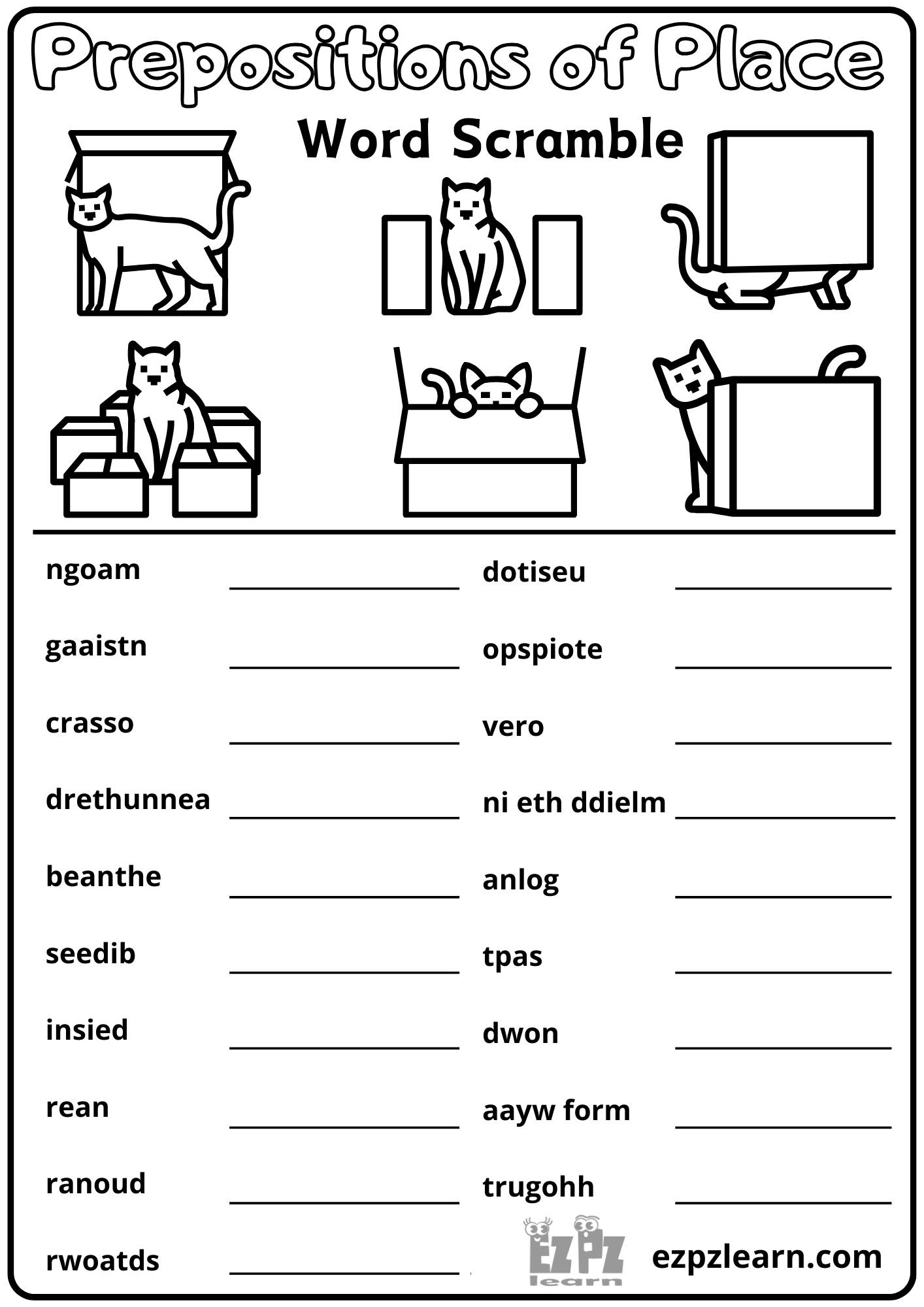 Prepositions of Place Word Scramble 19 Words Vocabulary Activity for ...