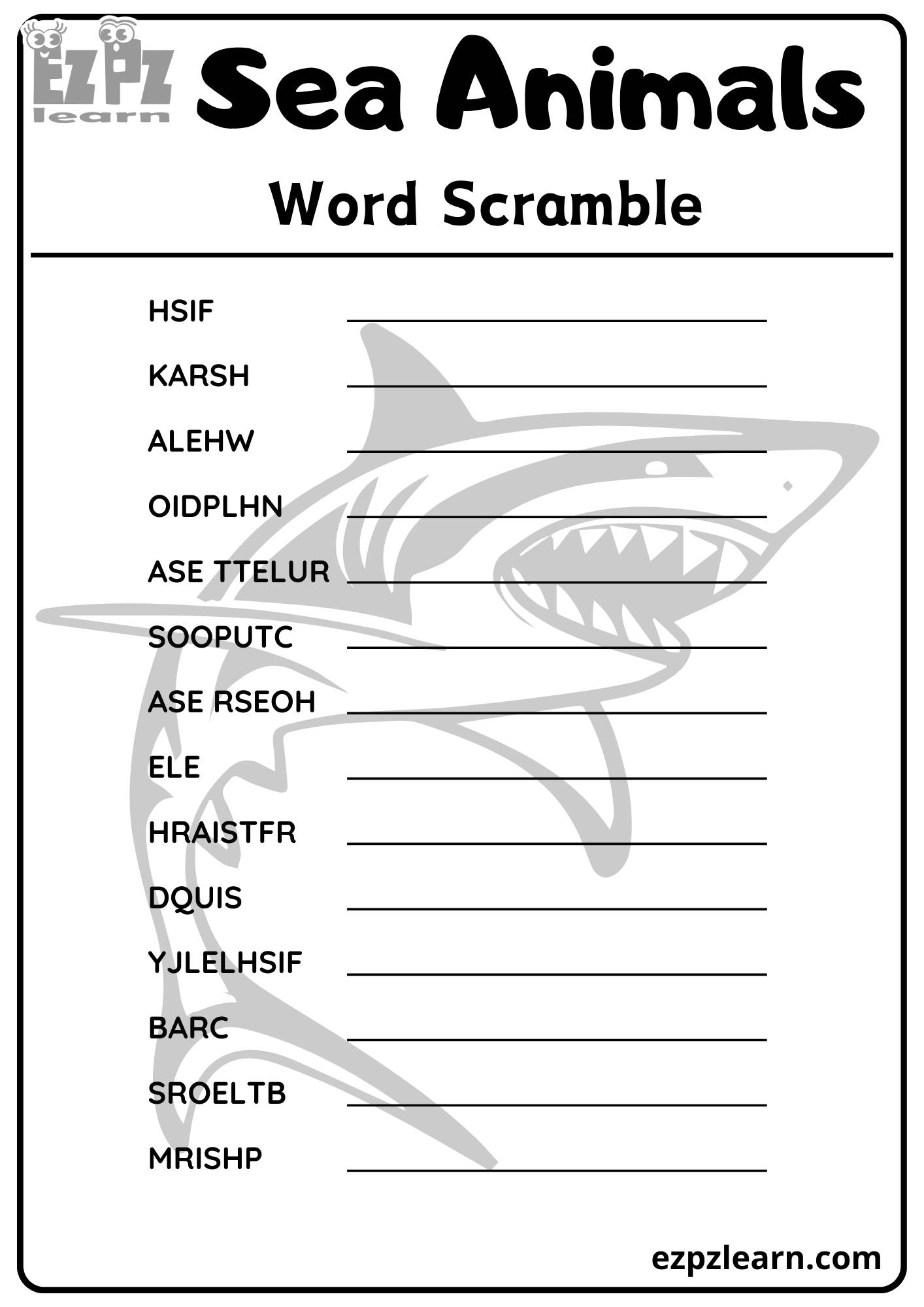 Sea Animals Word Scramble 14 Words Vocabulary Activity for Kids Free ...