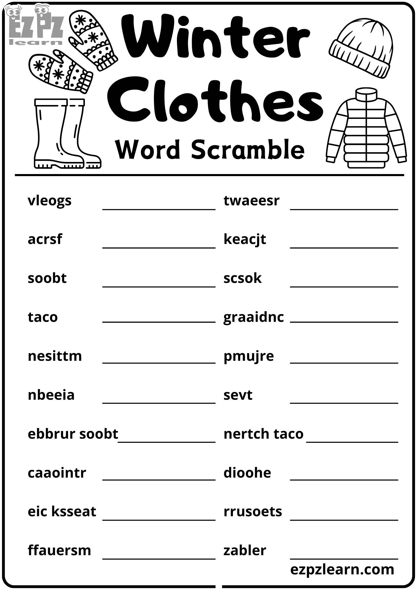 Winter Clothes Word Scramble 20 Words Vocabulary Activity for Kids ...