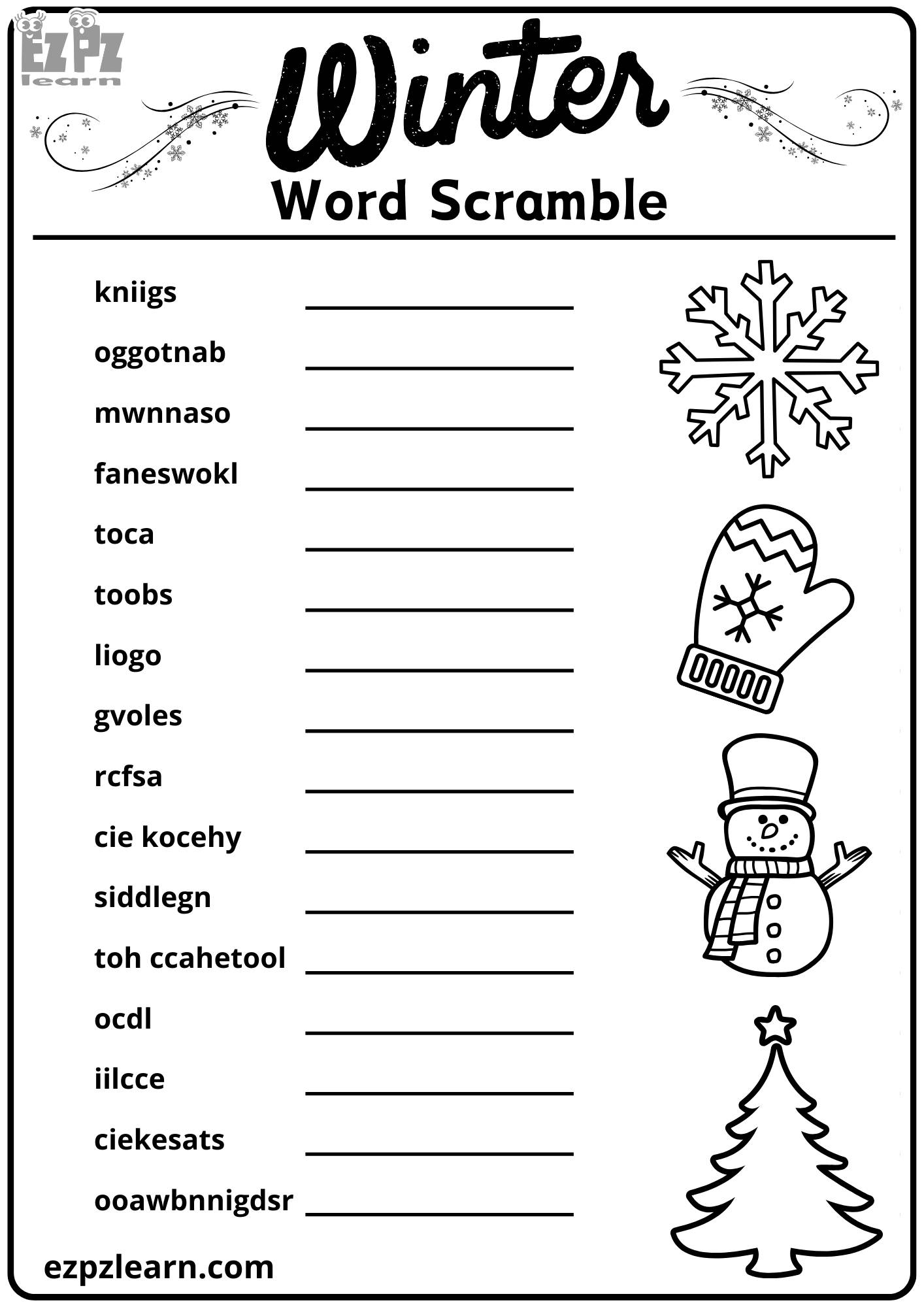 Winter Season Word Scramble 16 Words Vocabulary Activity for Kids ...