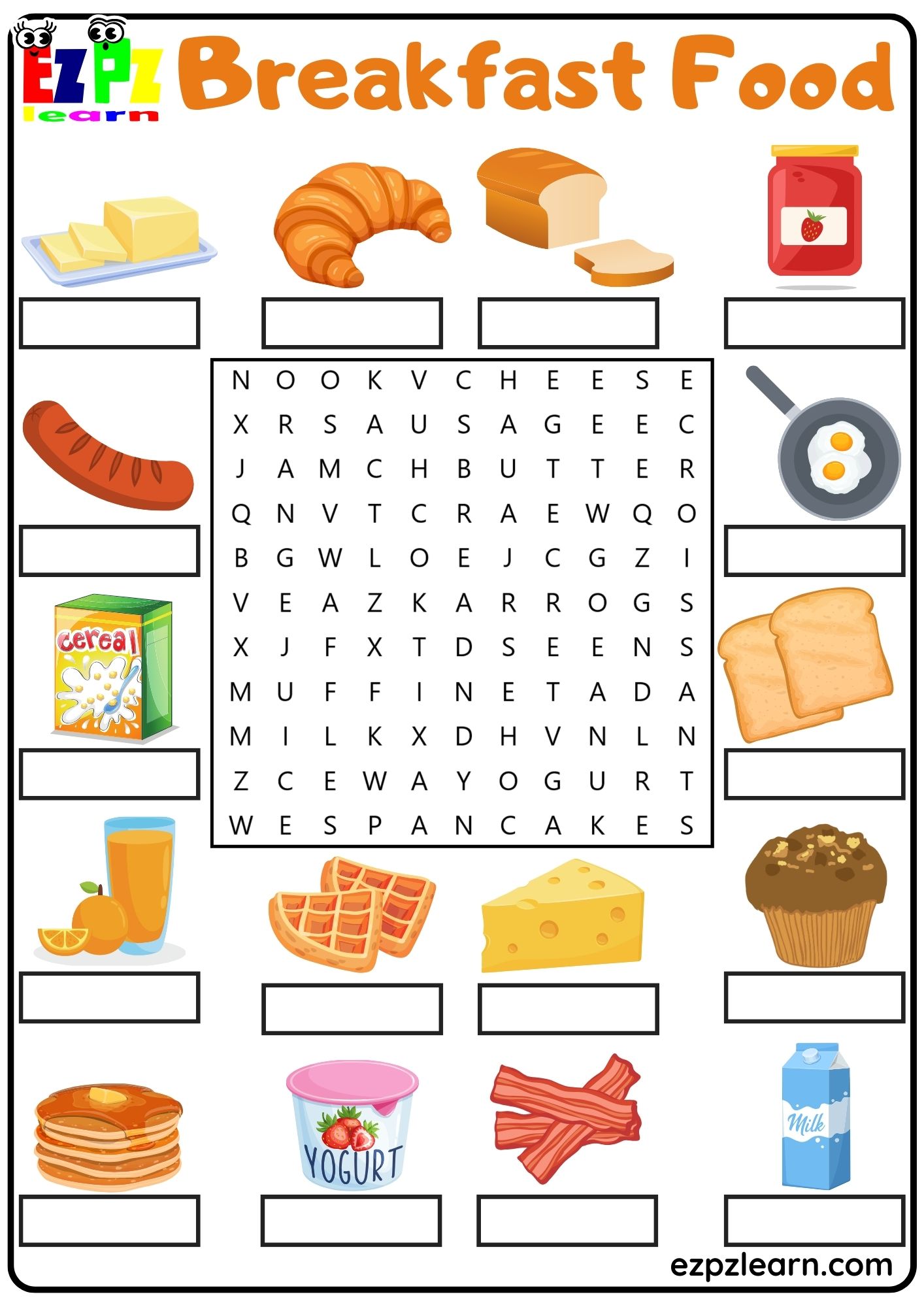 Breakfast Food Vocabulary Word Search and Write the Words Activity for ...