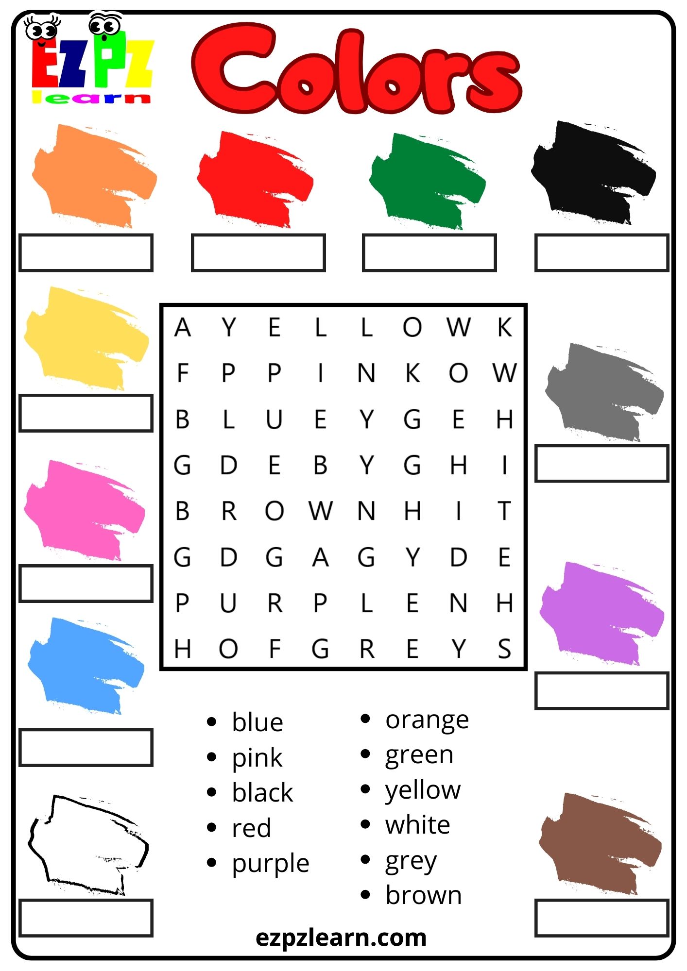 Colors Vocabulary Word Search and Match the Words Activity for Kids PDF ...