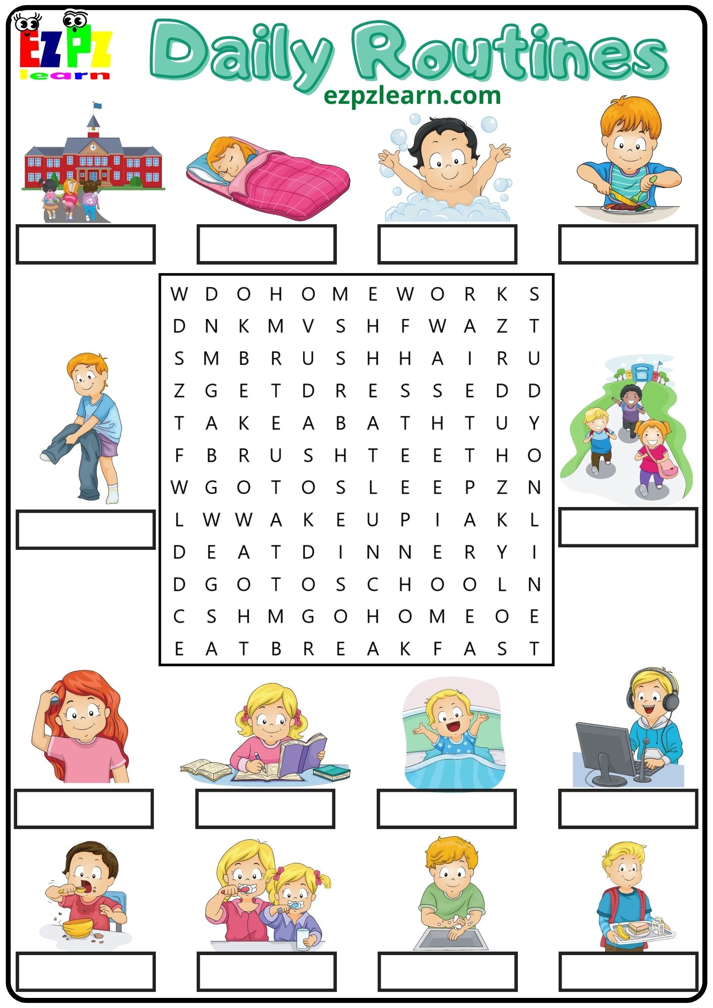 Daily Routines Vocabulary Word Search and Write the Words Activity for ...