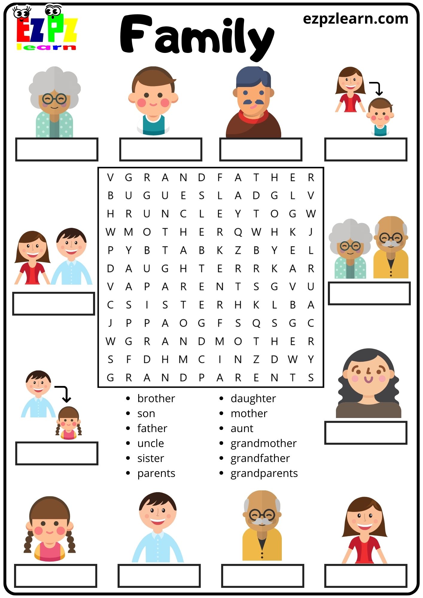 Family Vocabulary Word Search and Match the Words Activity for Kids and ...