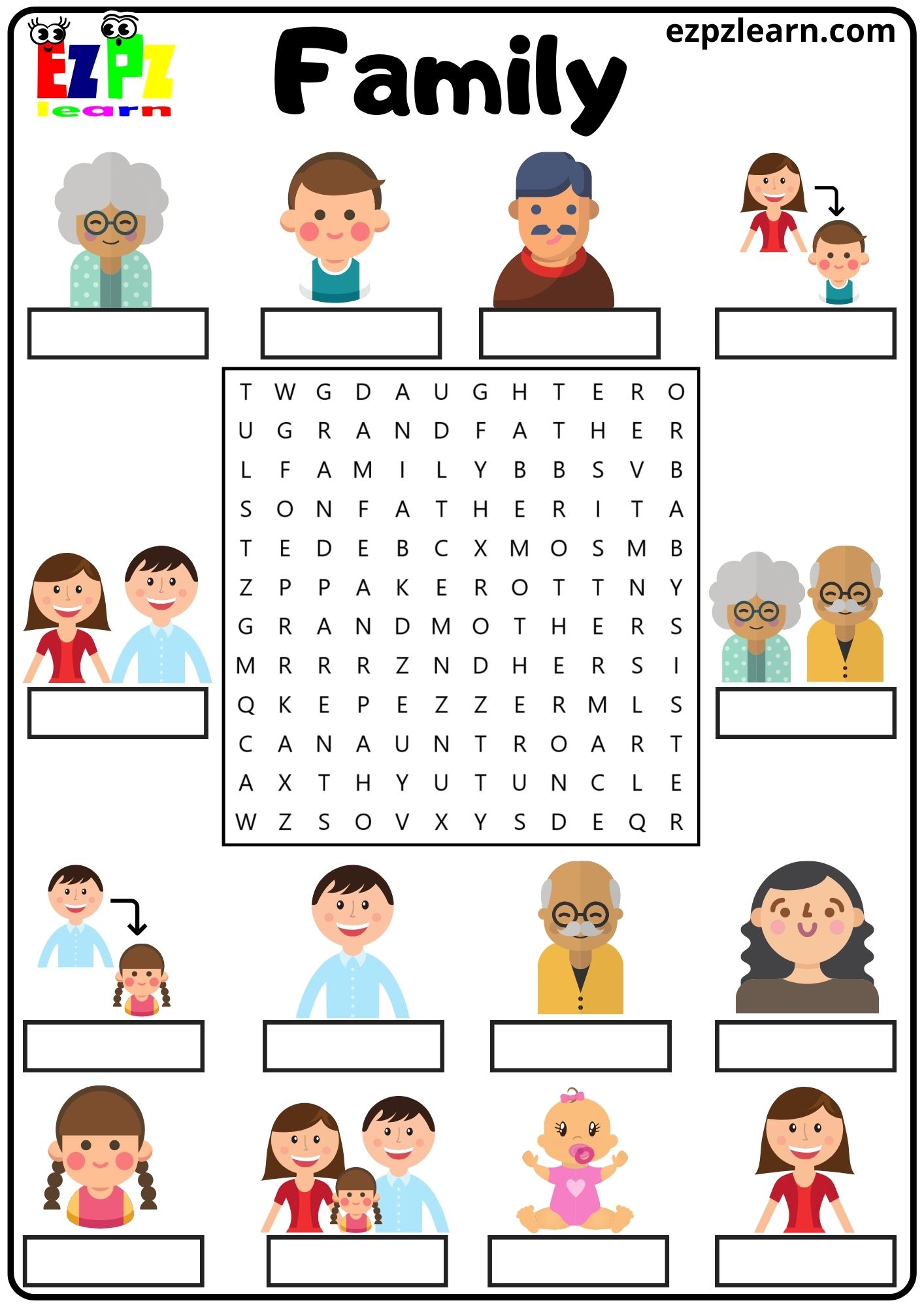 Family Vocabulary Word Search and Write the Words Activity for Kids and ...