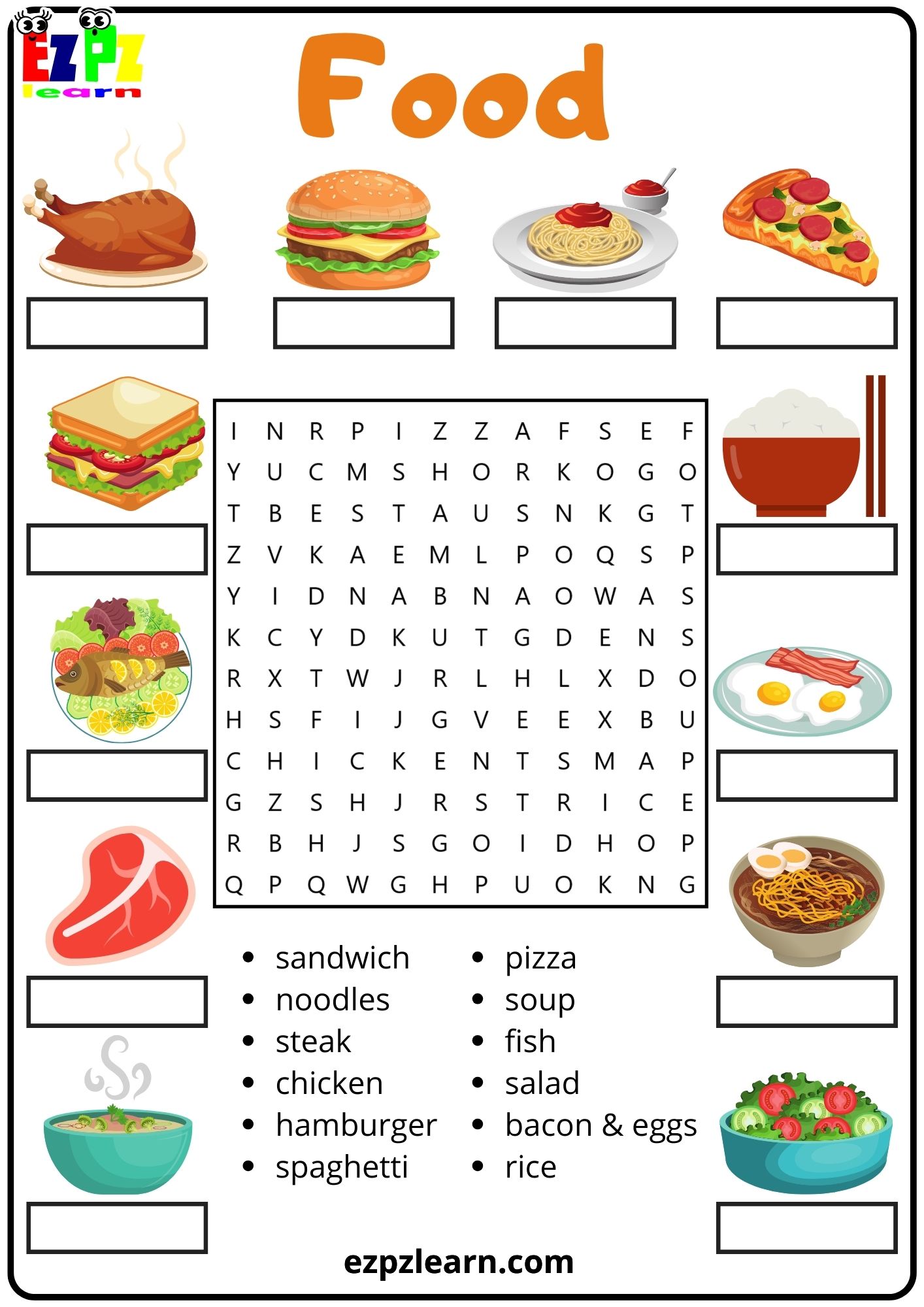 Food Vocabulary Word Search and Match the Words Activity for Kids and ...