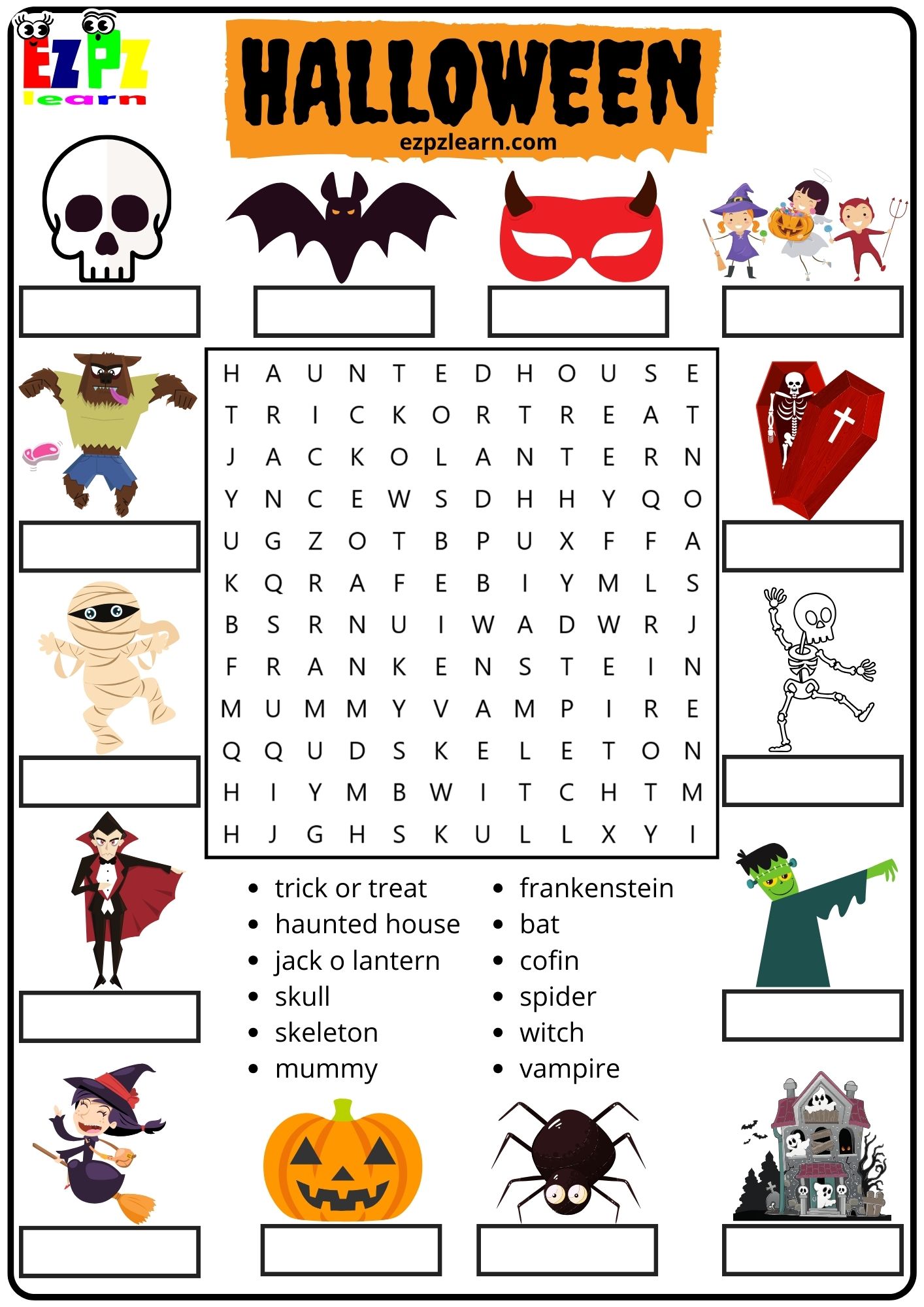 Halloween Holiday Word Search and Match the Words Activity for Kids and ...