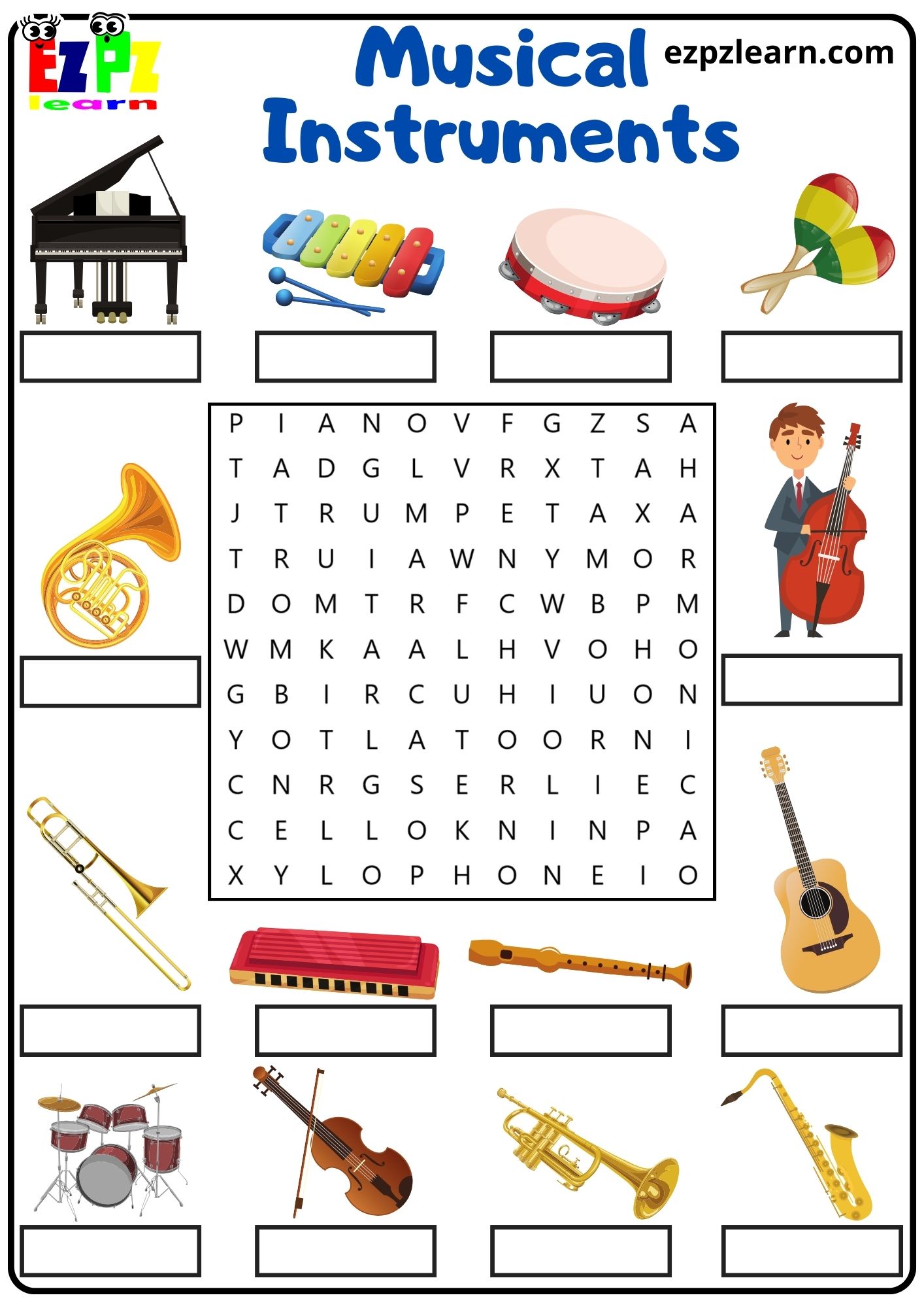 Musical Instruments Vocabulary Word Search and Write the Words Activity ...