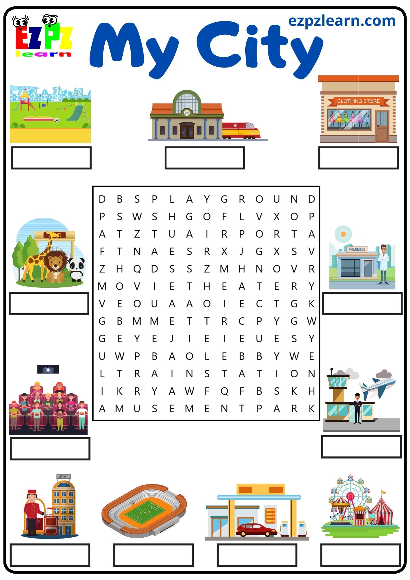 My City Places Vocabulary Word Search and Write the Words Activity for ...