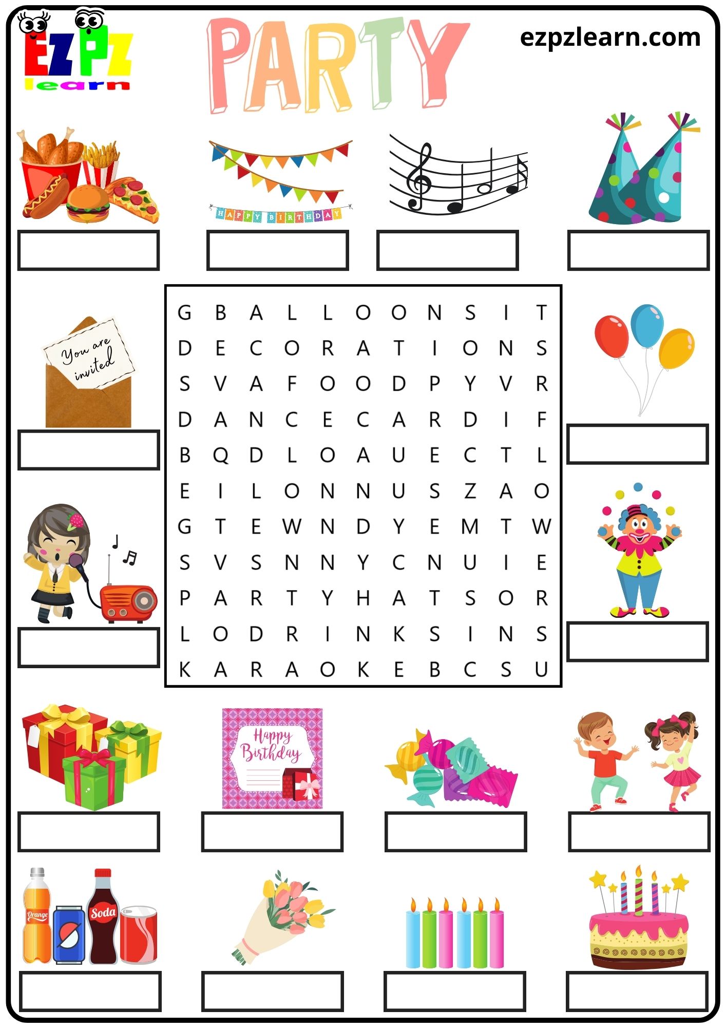 Party Vocabulary Word Search And Write The Words Activity For Kids And 