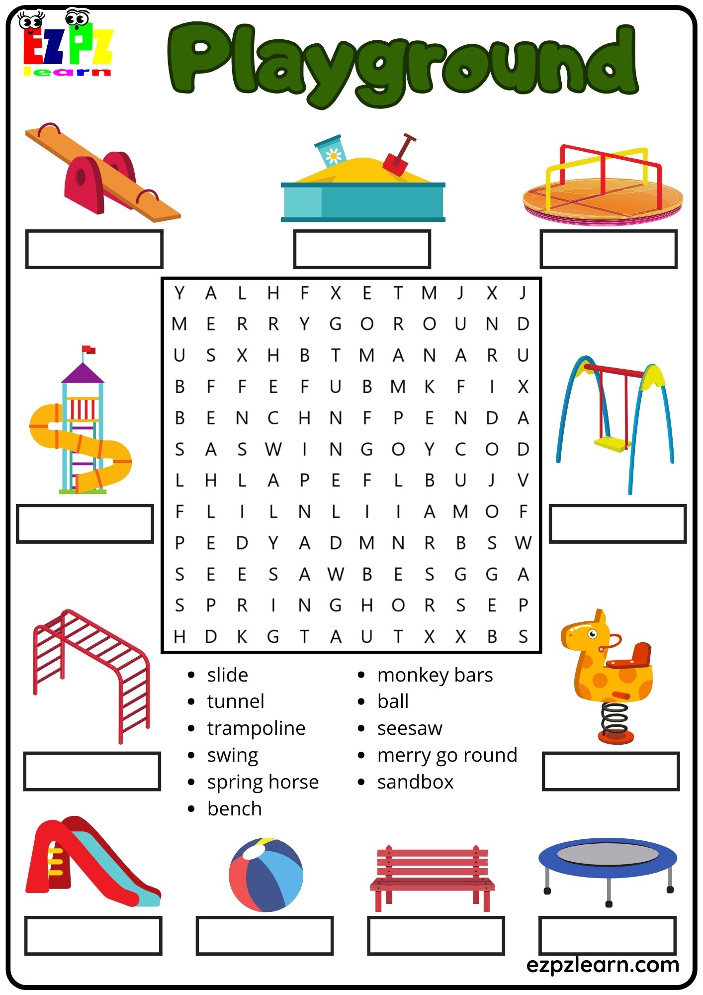 Playground Vocabulary Word Search and Match the Words Activity for ...