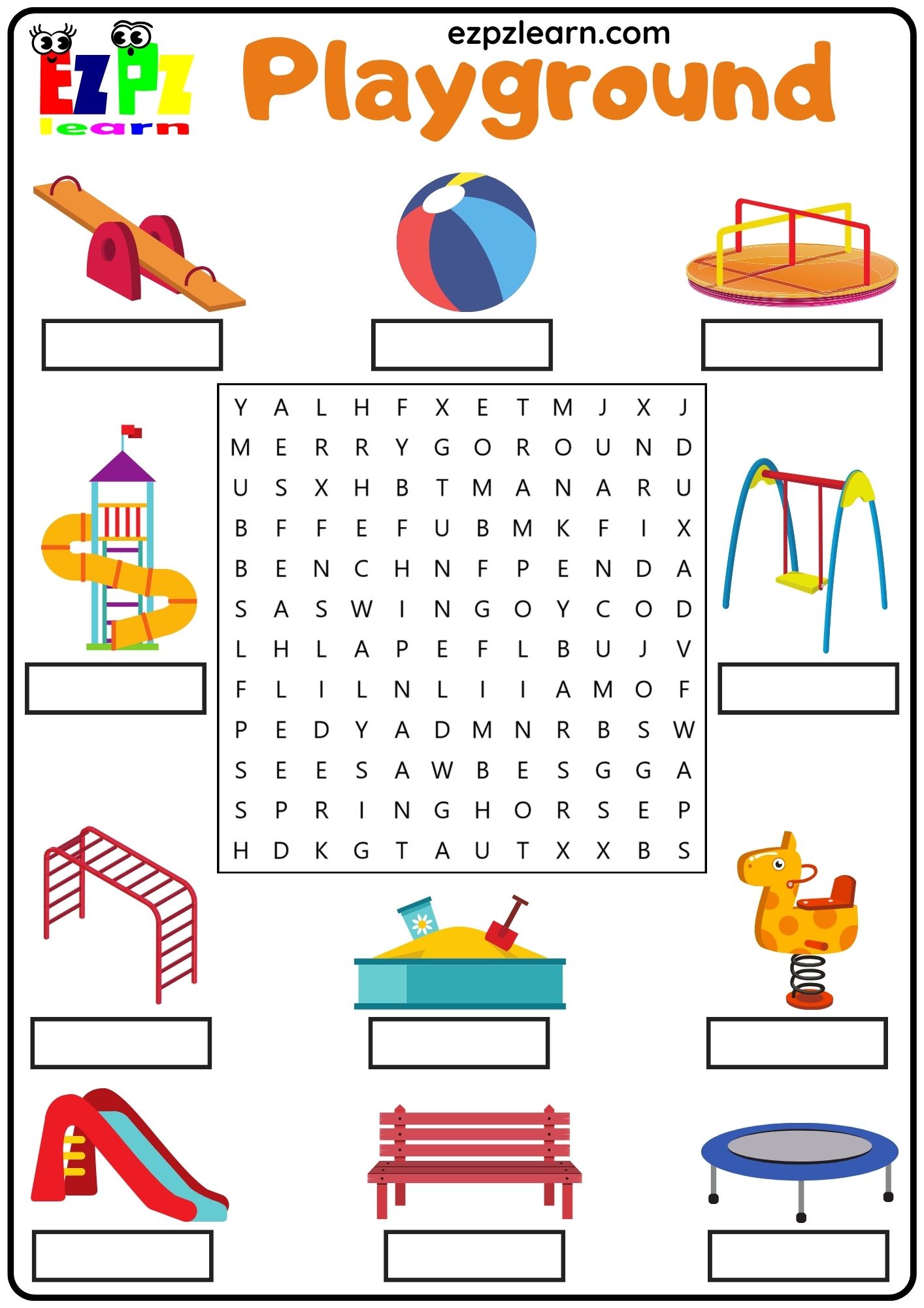 Playground Vocabulary Word Search and Write the Words Activity for ...