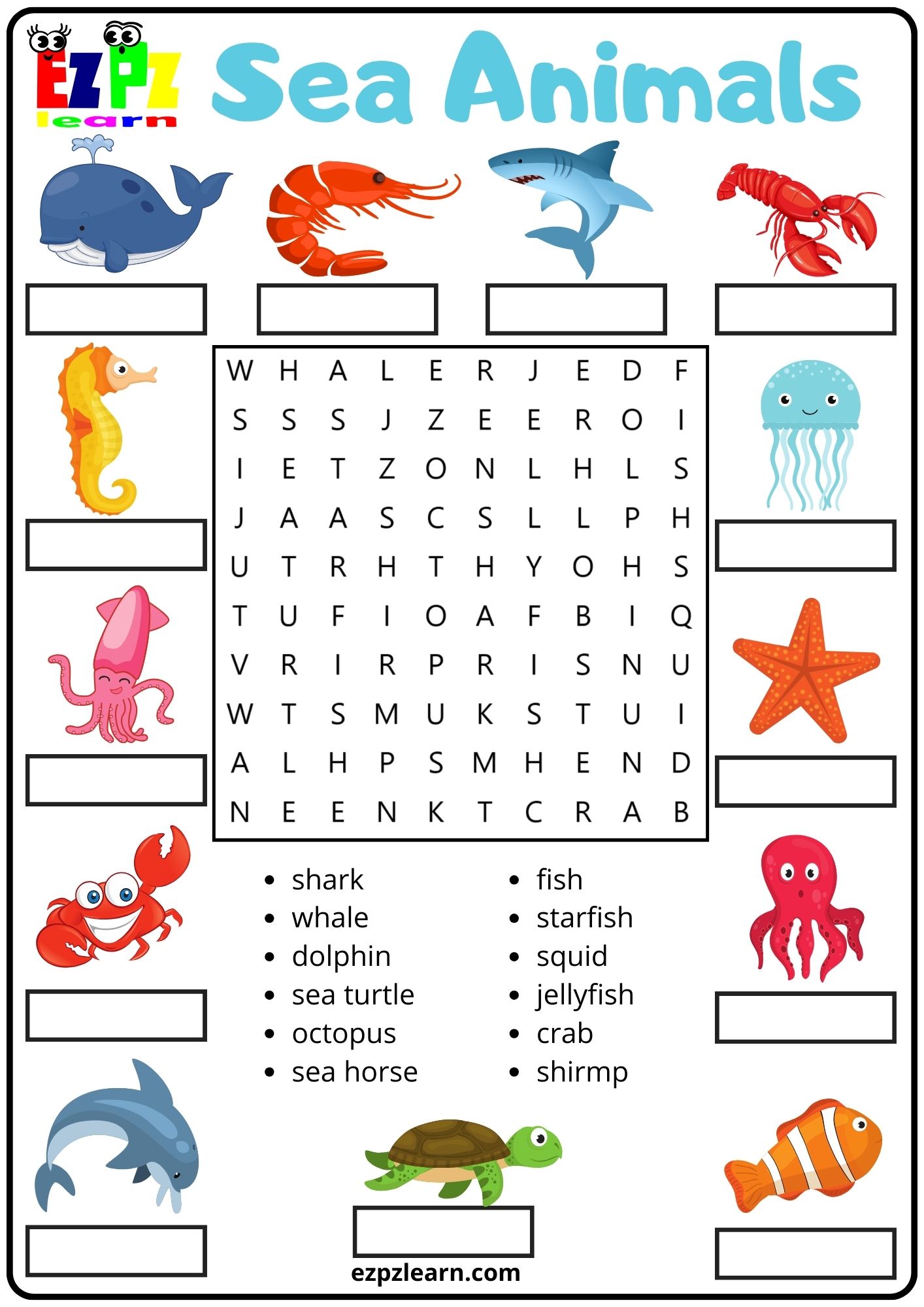 Sea Animals Word Search and Match the Words Activity for Kids and ...