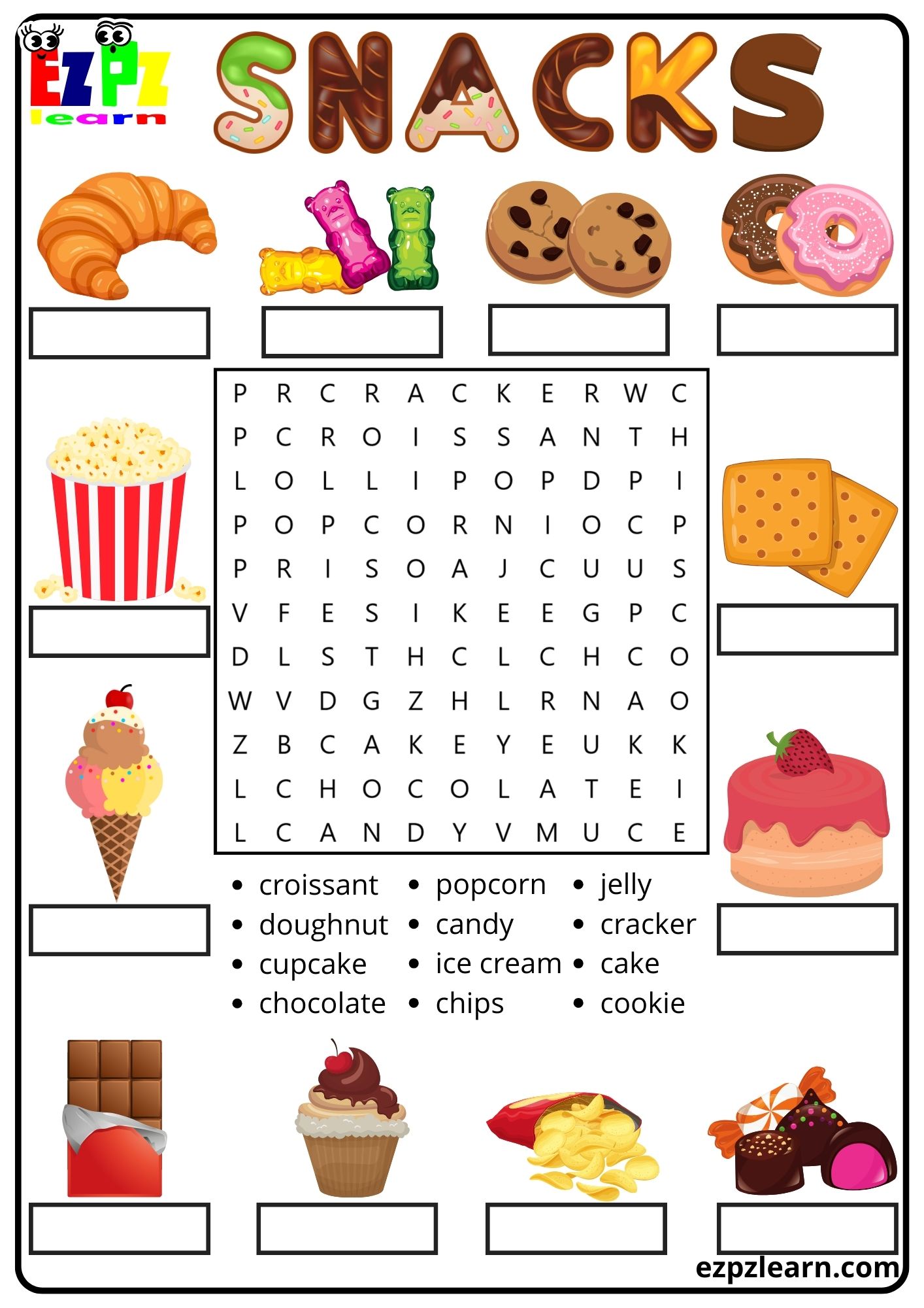 Snacks Vocabulary Word Search and Match the Words Activity for Children ...