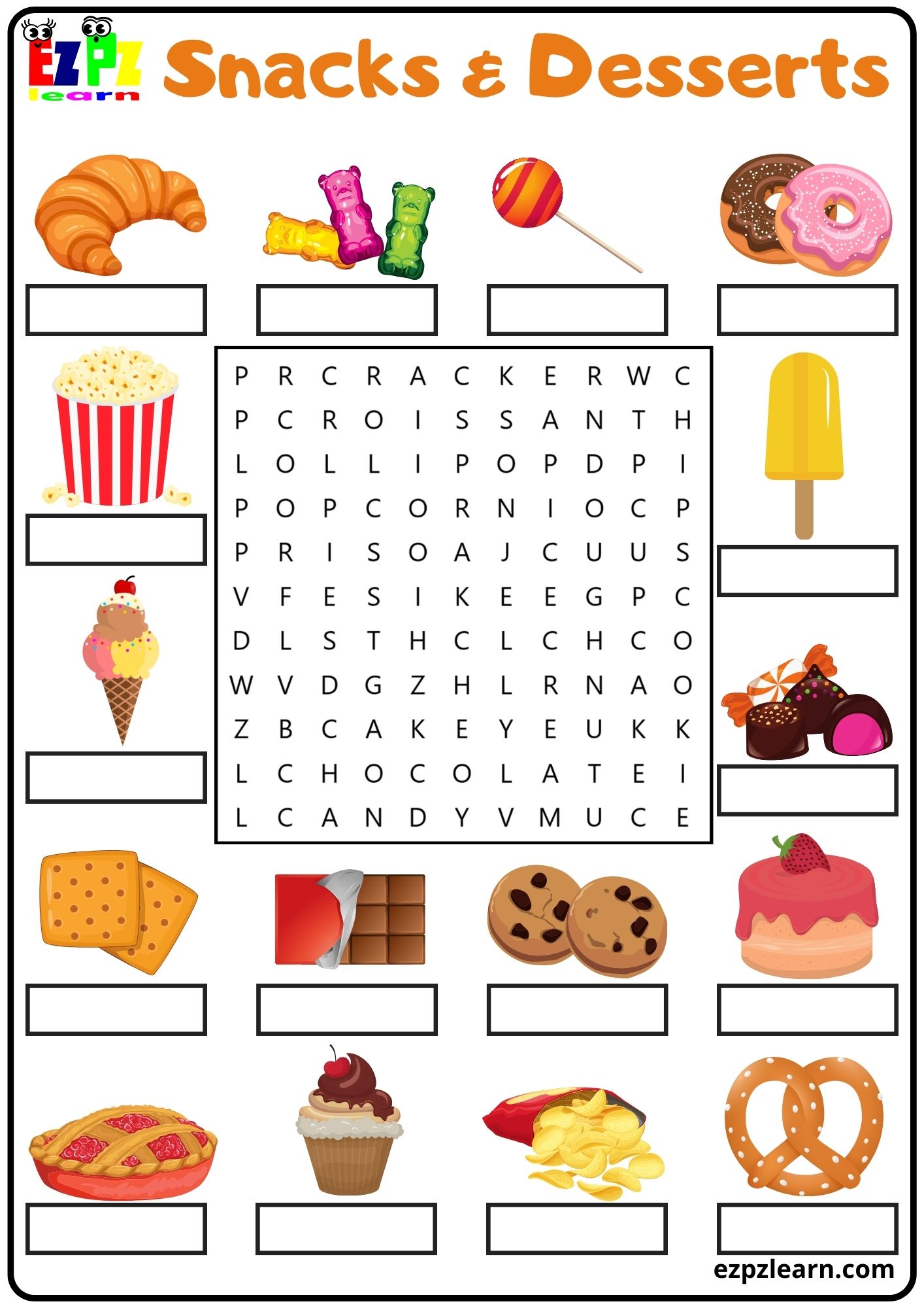 Snacks and Desserts Vocabulary Word Search and Write the Words Activity ...