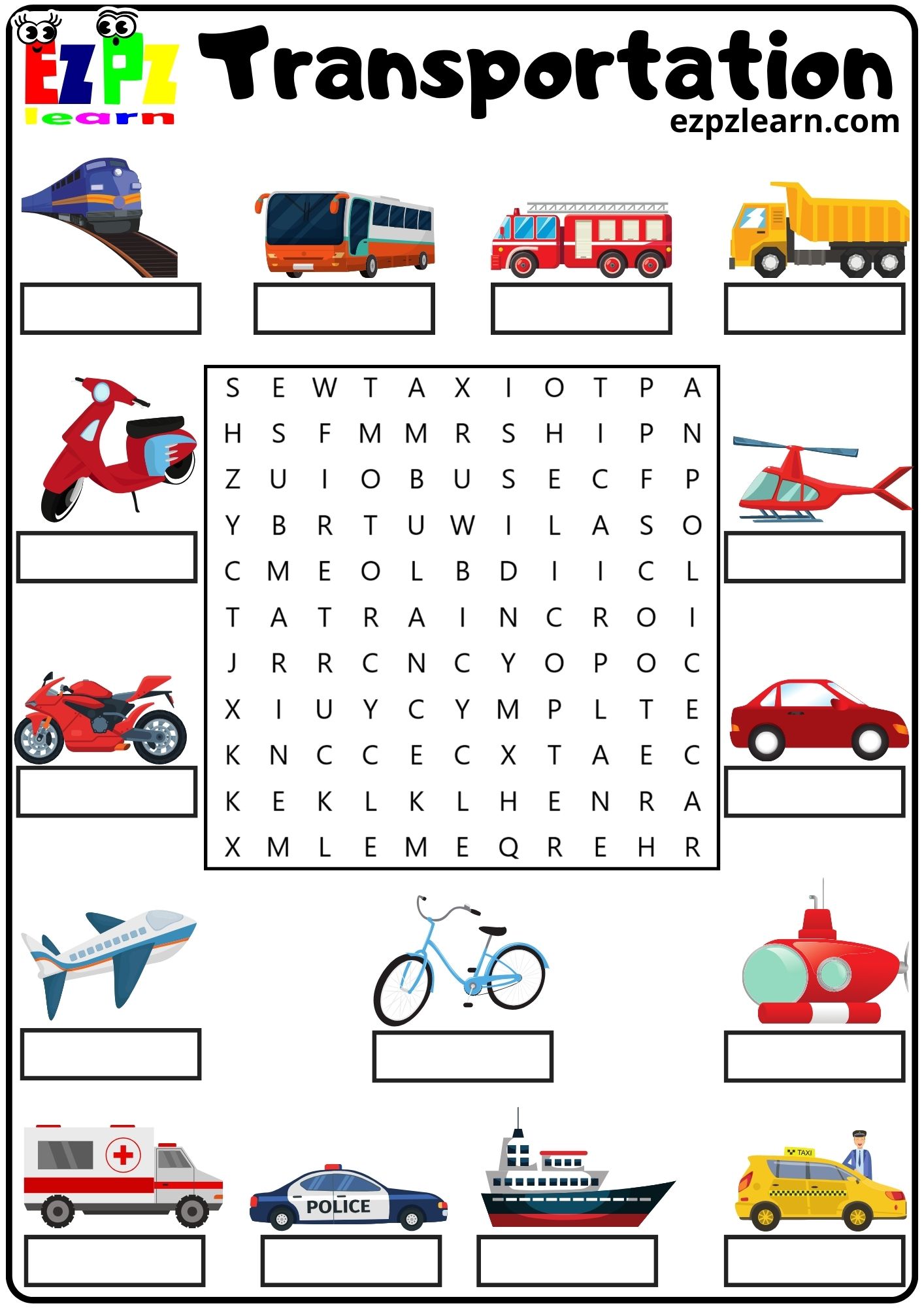 Transportation Vocabulary Word Search and Write the Words Activity for ...