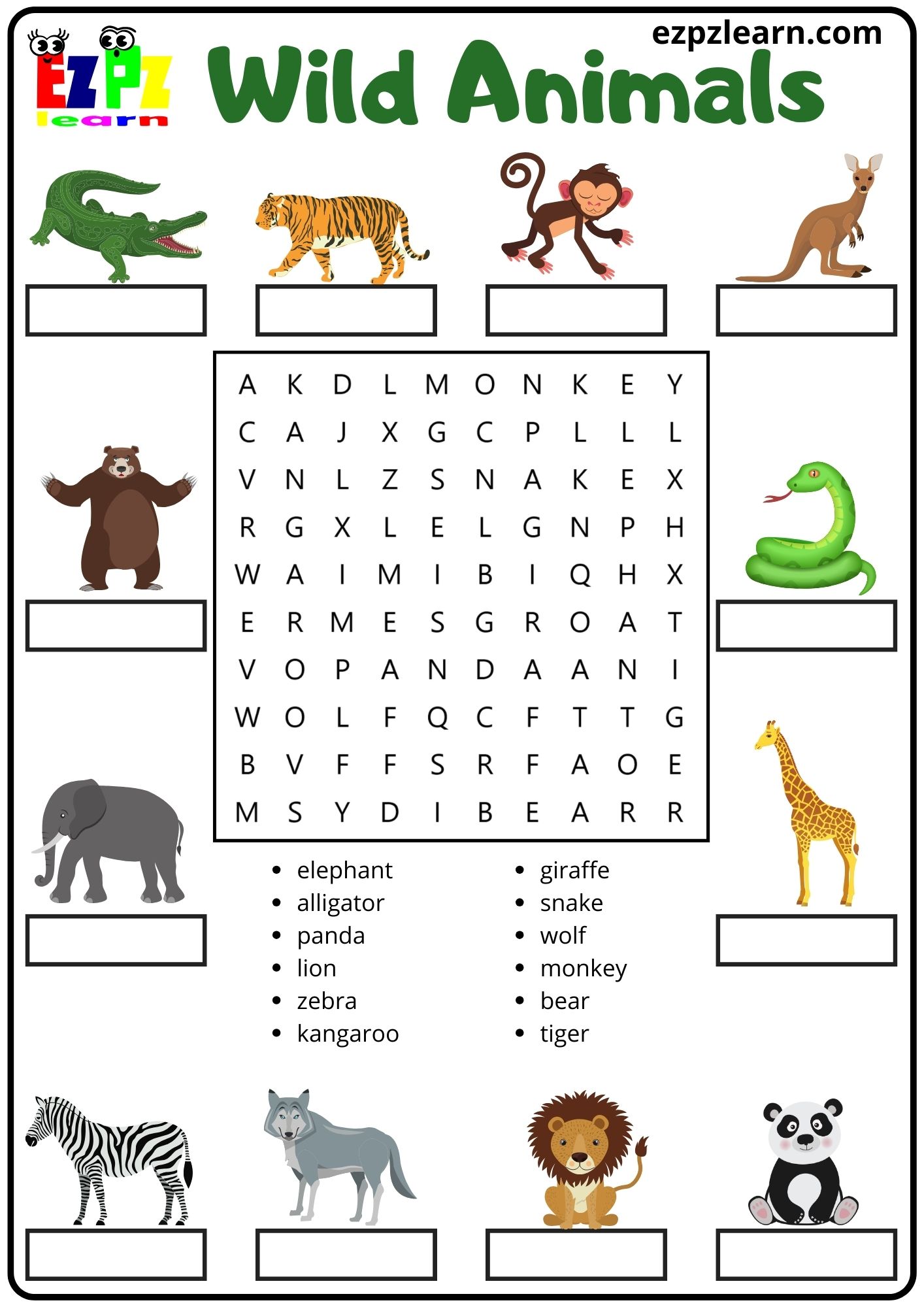 Wild Animals Vocabulary Word Search and Match the Words Activity for ...