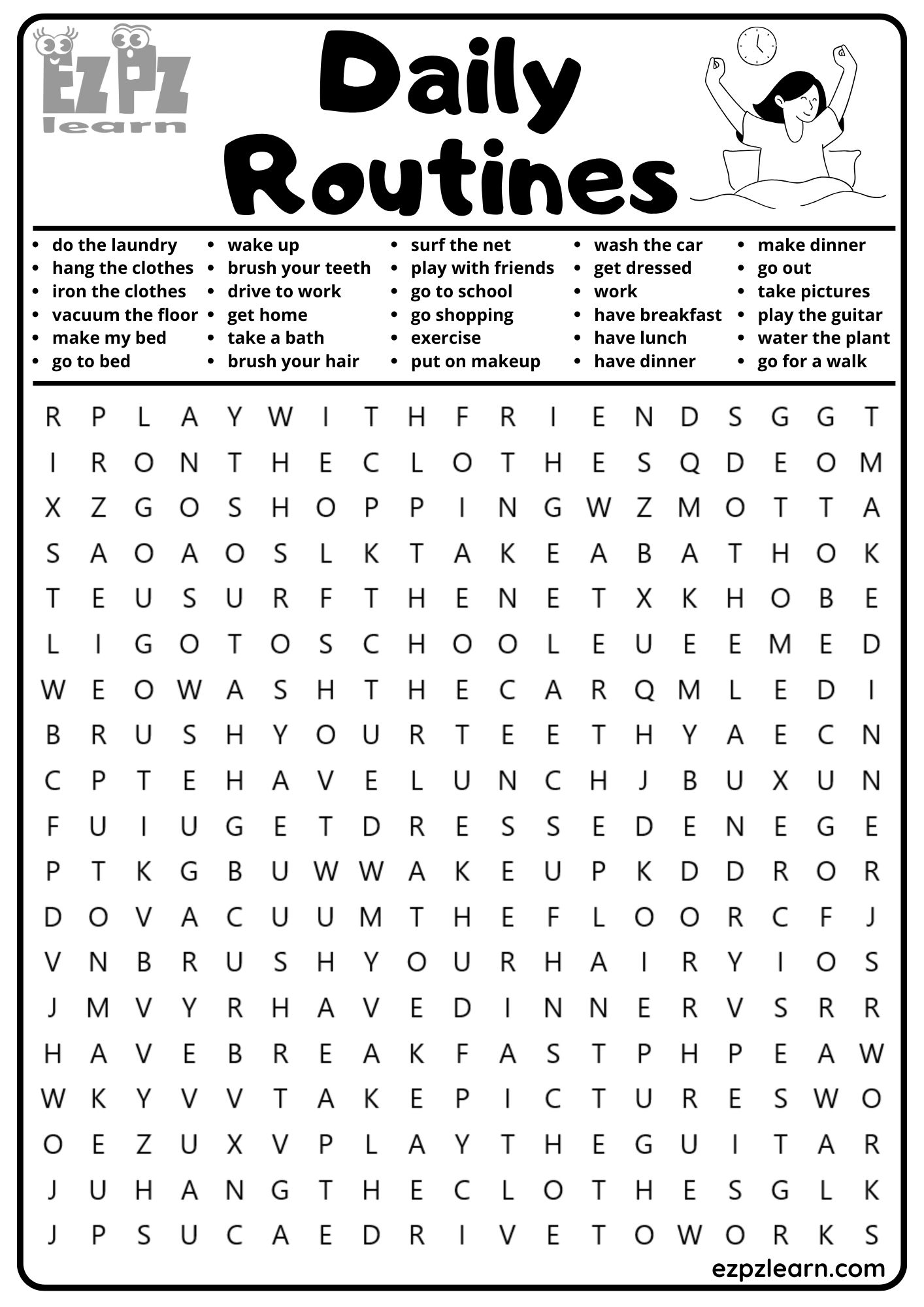 Daily Routines Vocabulary Word Search for Kids and English Language ...