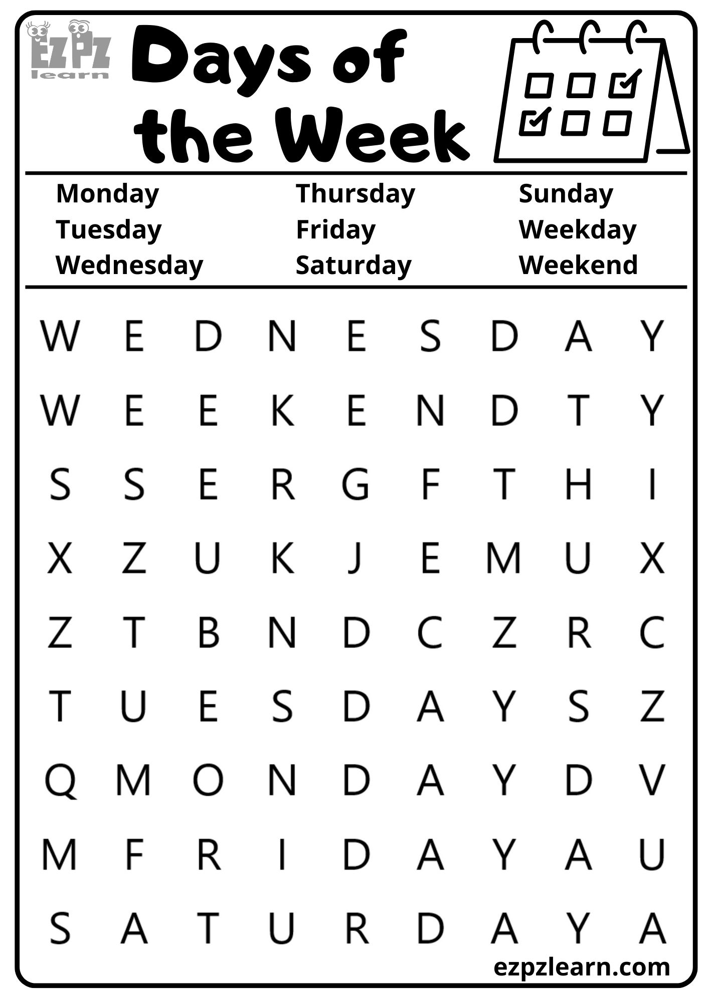 Days of the Week Vocabulary Word Search for English Language Learners ...