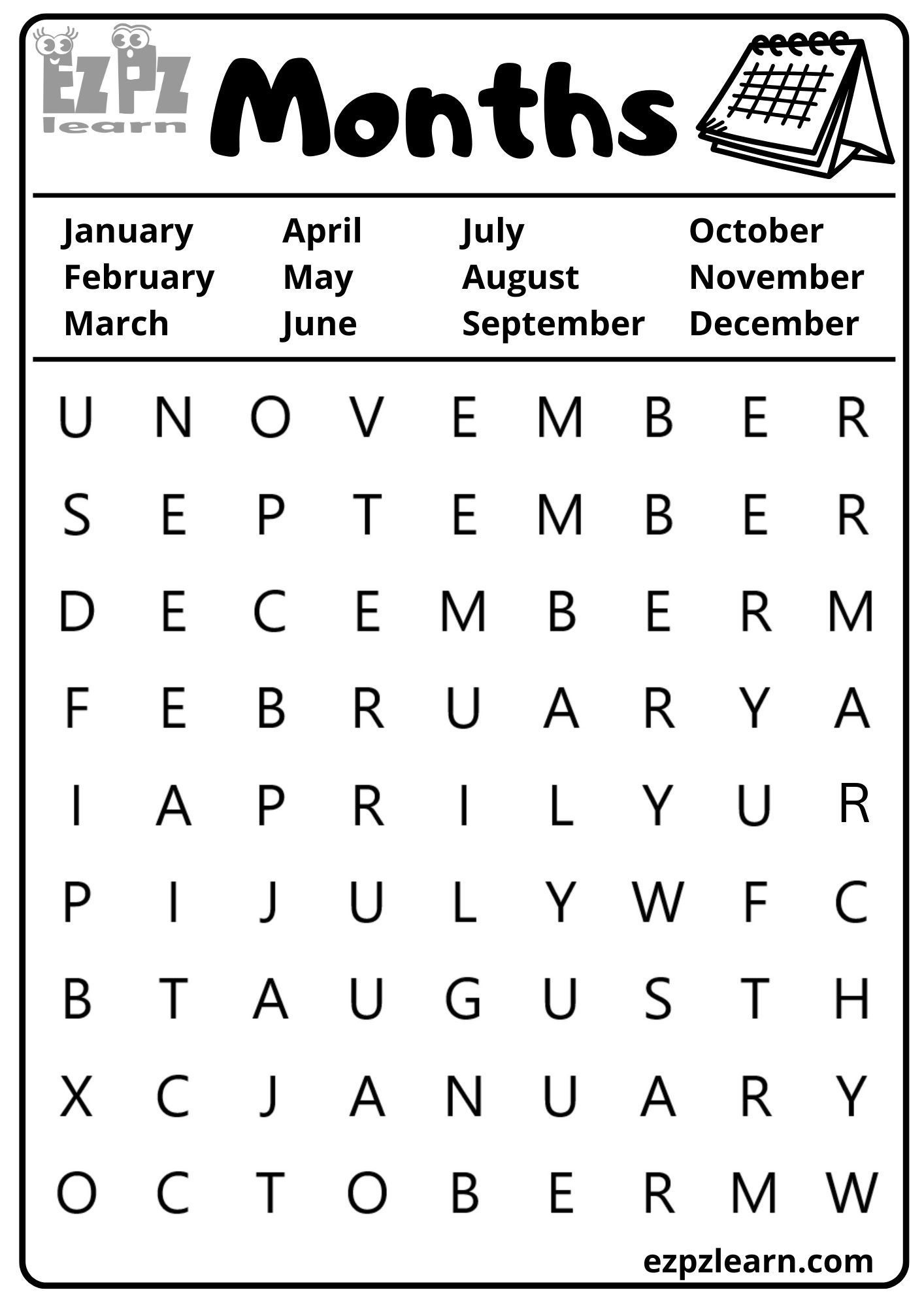 Months of the Year Vocabulary Word Search for Kids Free Printable PDF ...