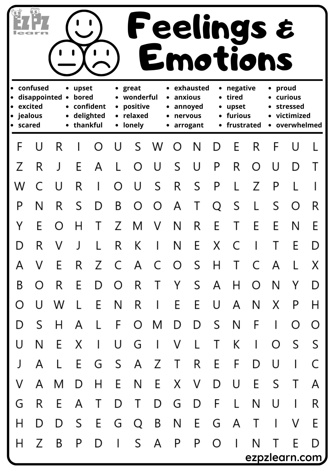 Feelings and Emotions Vocabulary Word Search for English Language ...