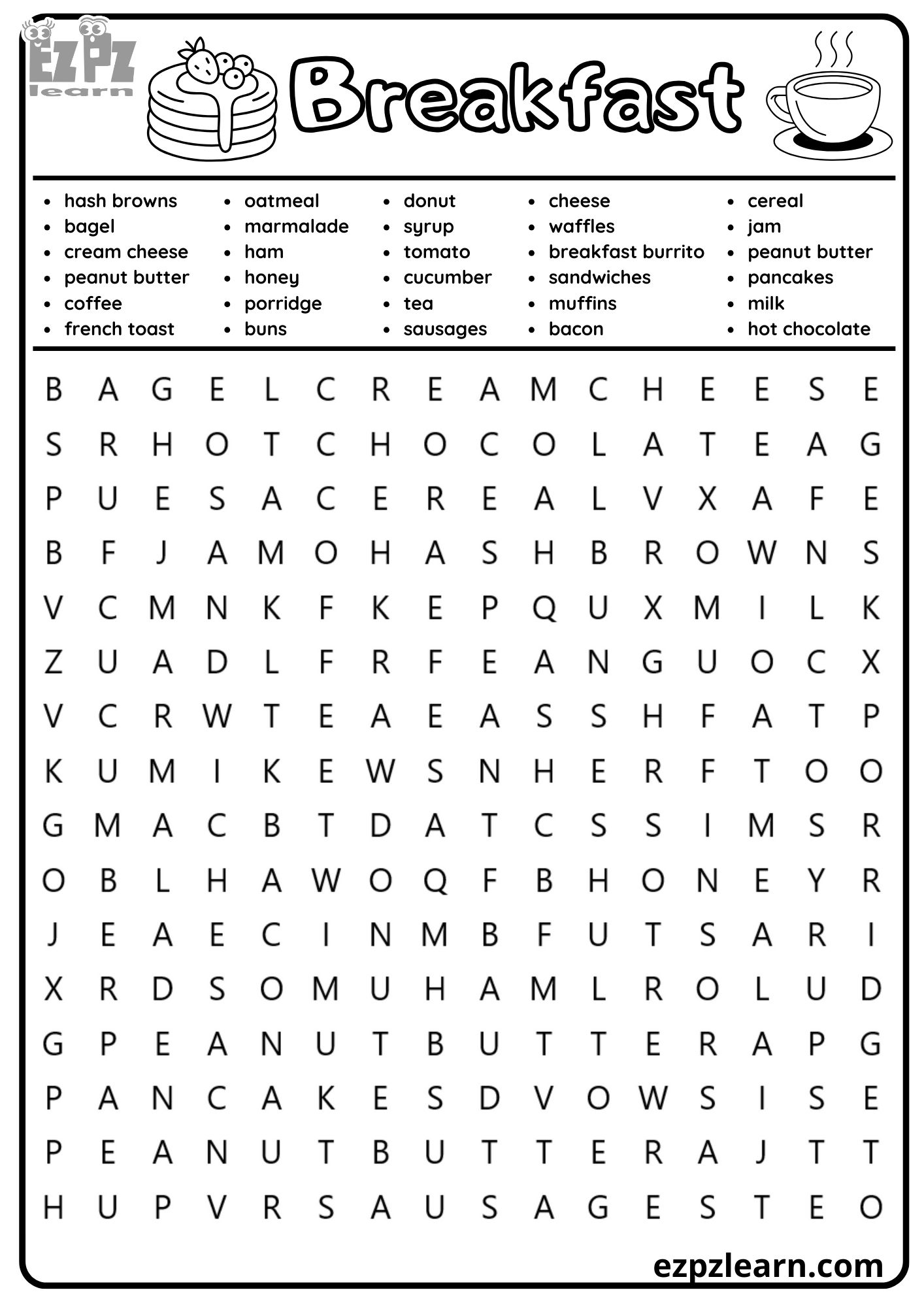 Breakfast Food Vocabulary Word Search for Kids, Adults and ESL Students ...