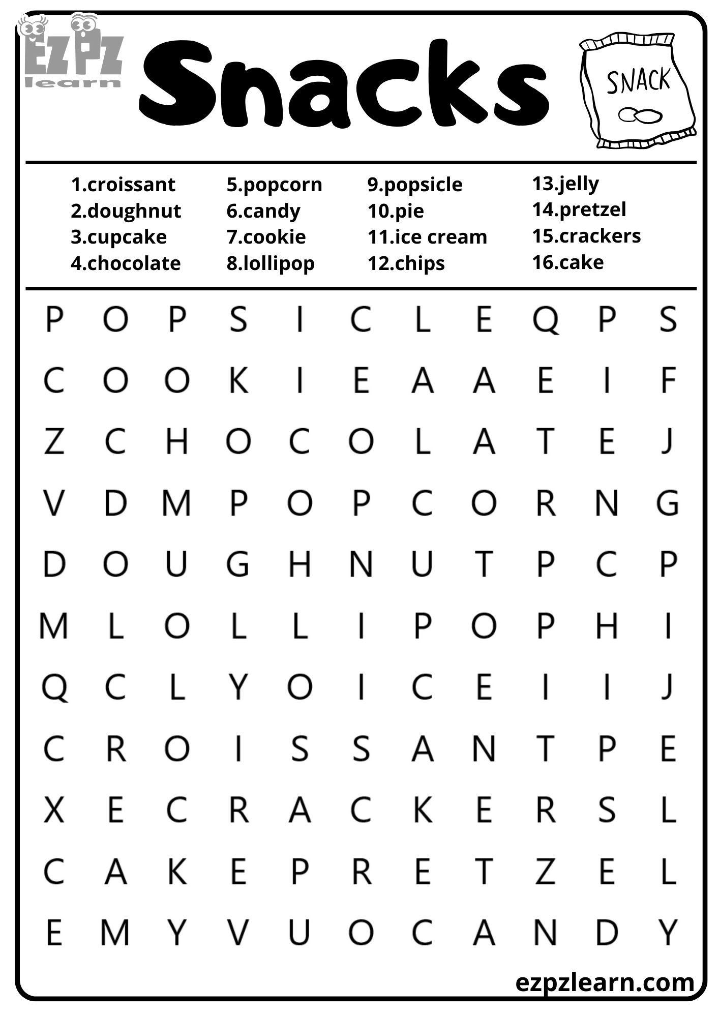 Snacks Vocabulary Word Search for Kids and ESL Students Free Printable ...