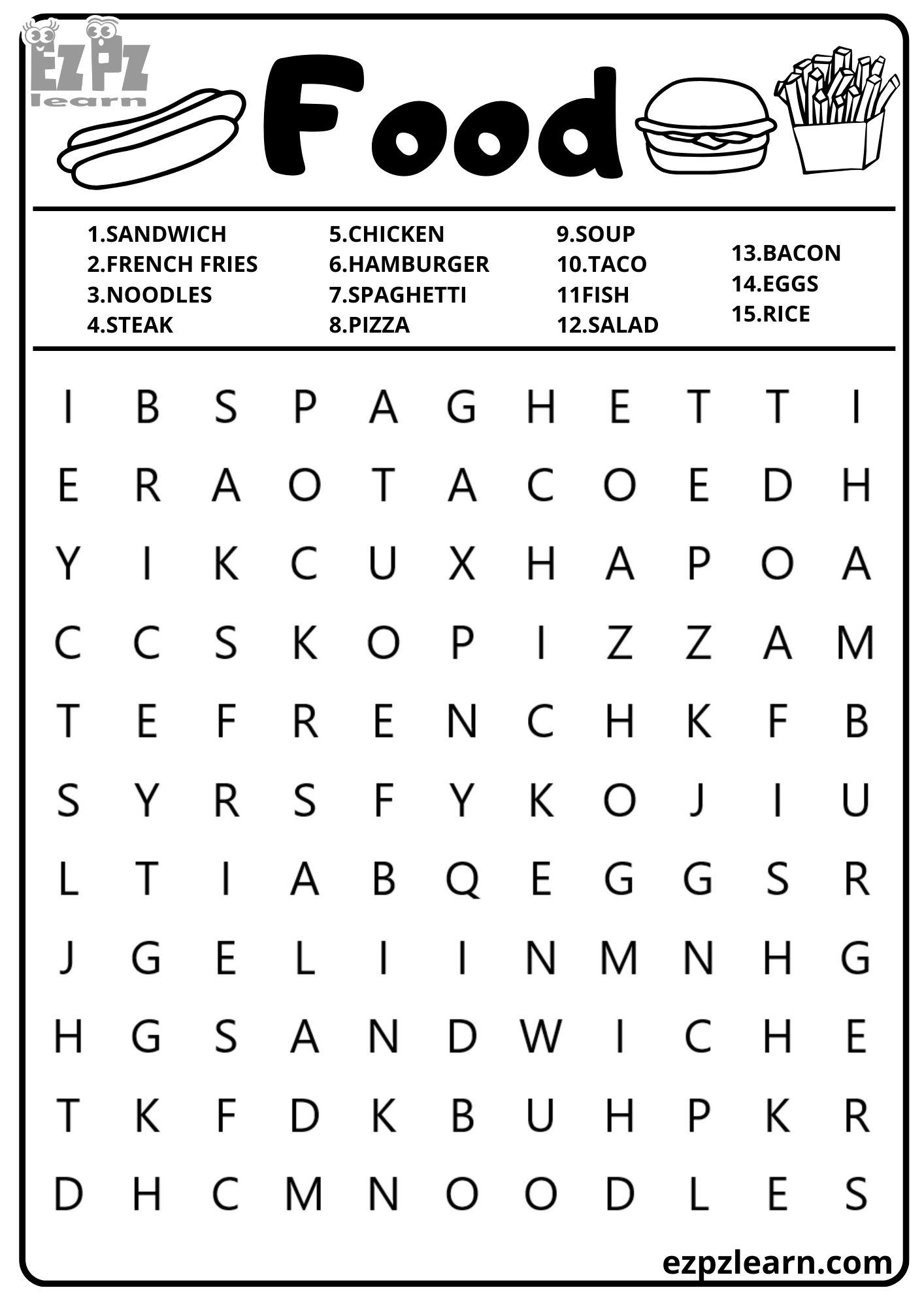 Food Vocabulary Word Search for Kids and ESL Students Free Printable ...