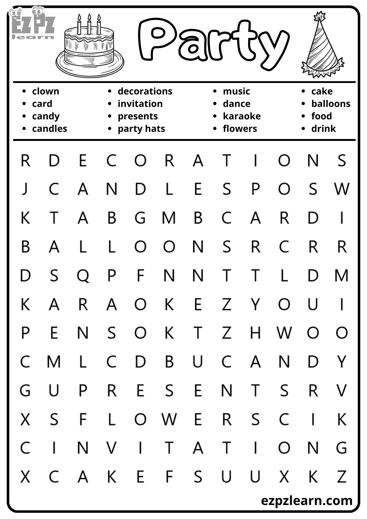 Party Vocabulary Word Search for Kids and ESL Students Free Printable PDF Download - Ezpzlearn.com for Esl Worksheets For Adults Free Printable Pdf