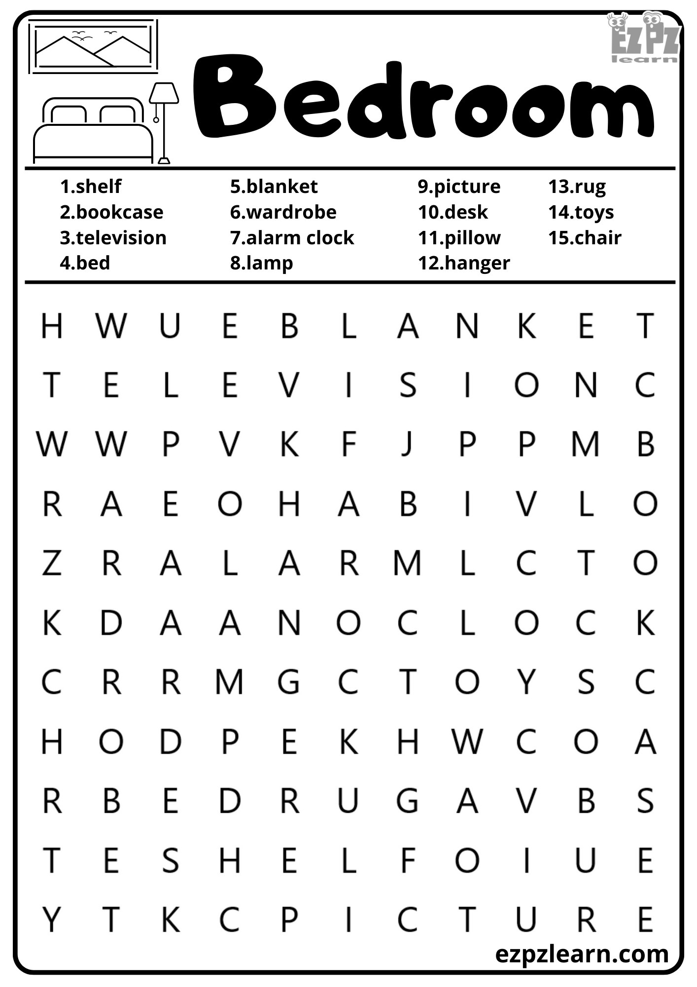 Bedroom and House Vocabulary Word Search for Homeschool Kids and ESL ...