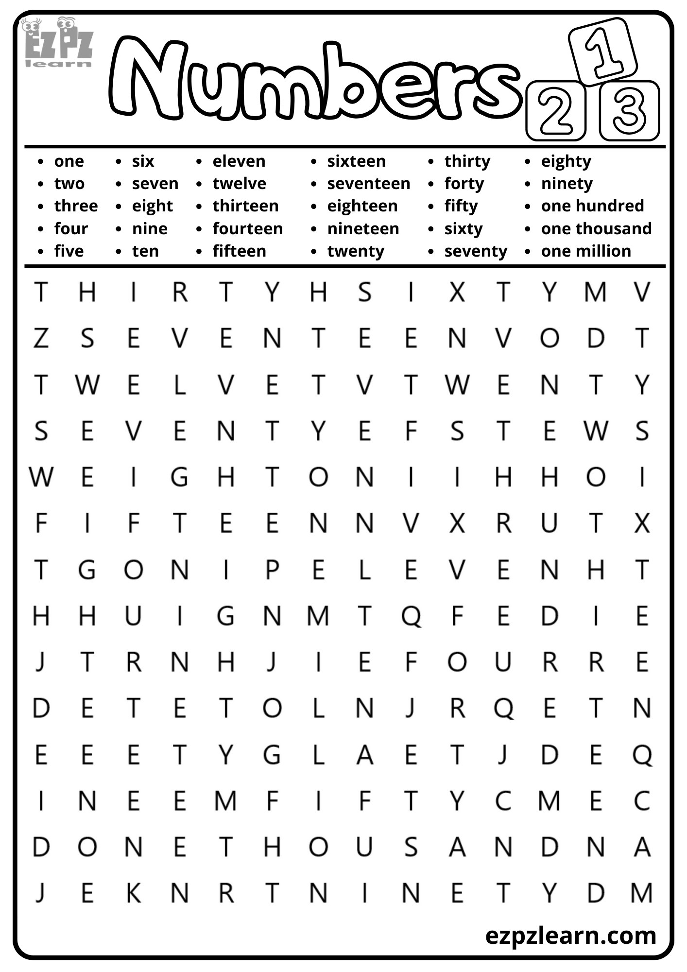 Numbers One to Twenty Vocabulary Word Search for K5 Homeschool and ESL ...