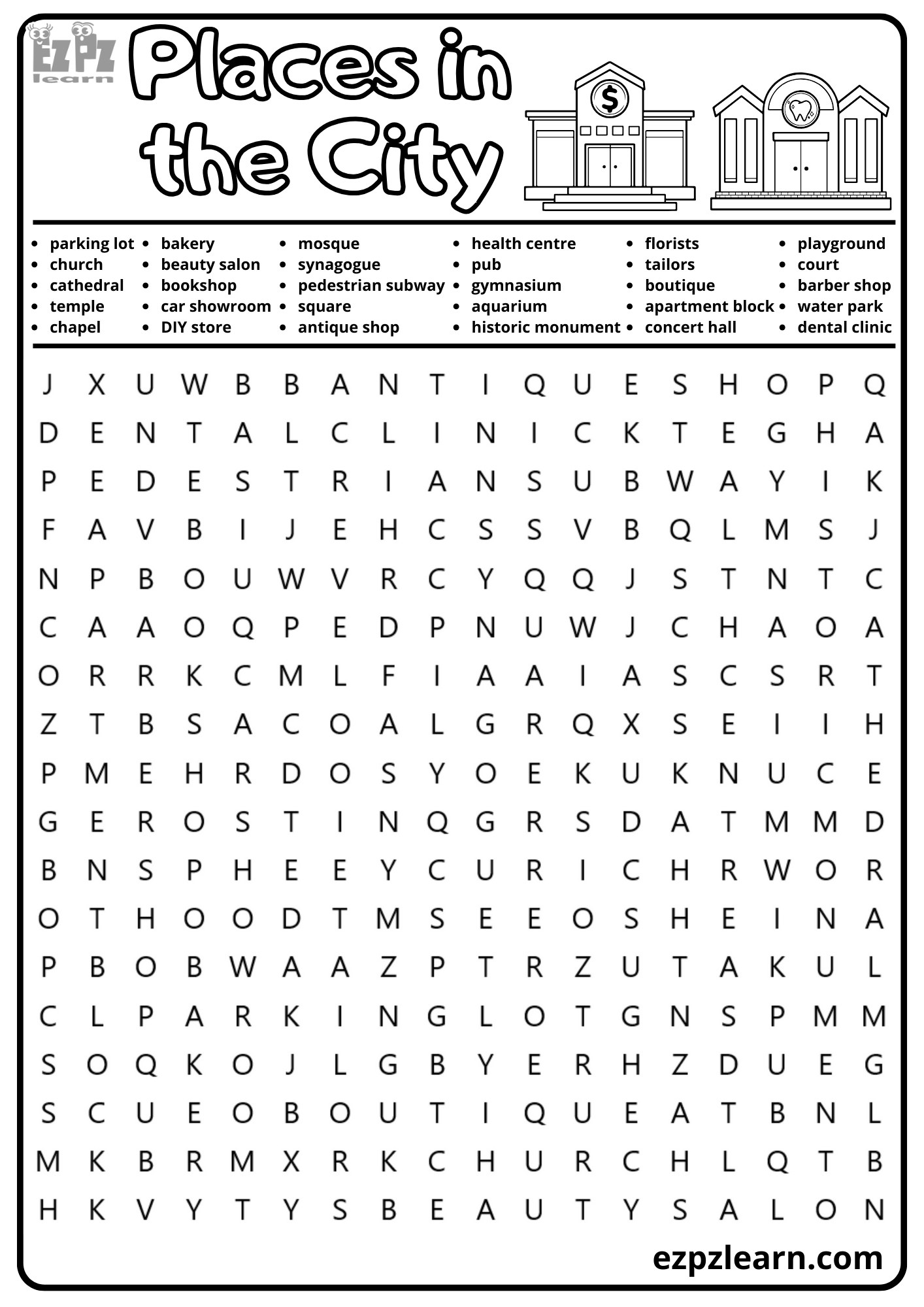 Places in the City Vocabulary Word Search for K5 Homeschool and ESL ...