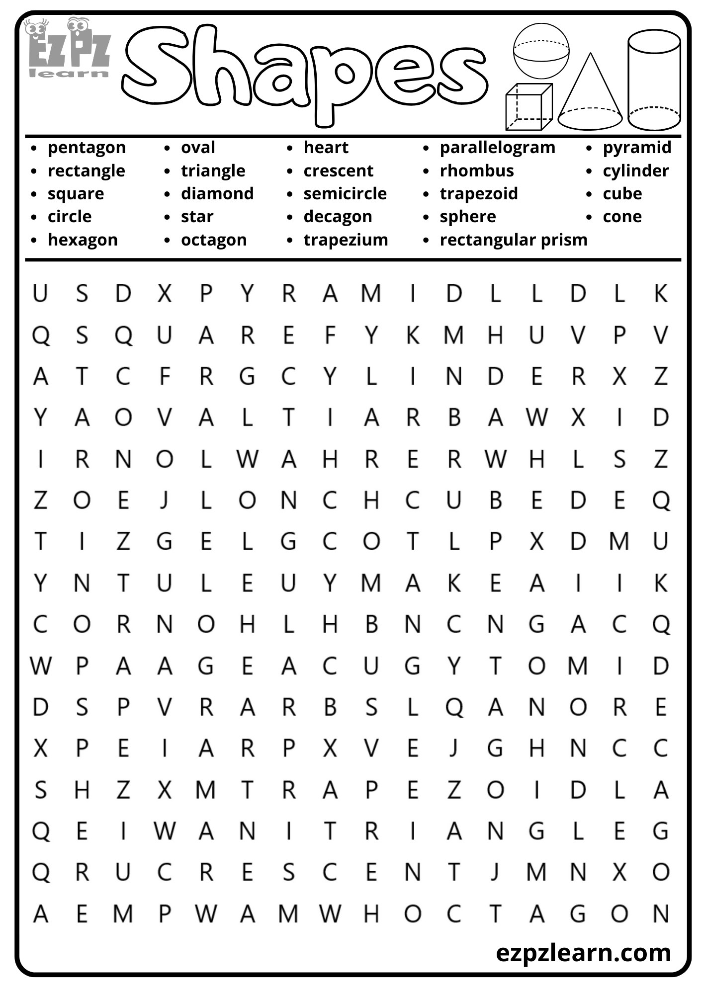 Shapes and 3D Shapes Vocabulary Word Search for Homeschool and ESL ...