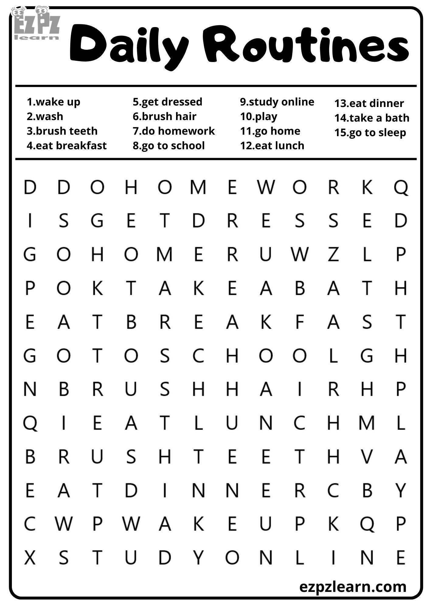 Daily Routines Vocabulary Word Search for Kids and English Language ...