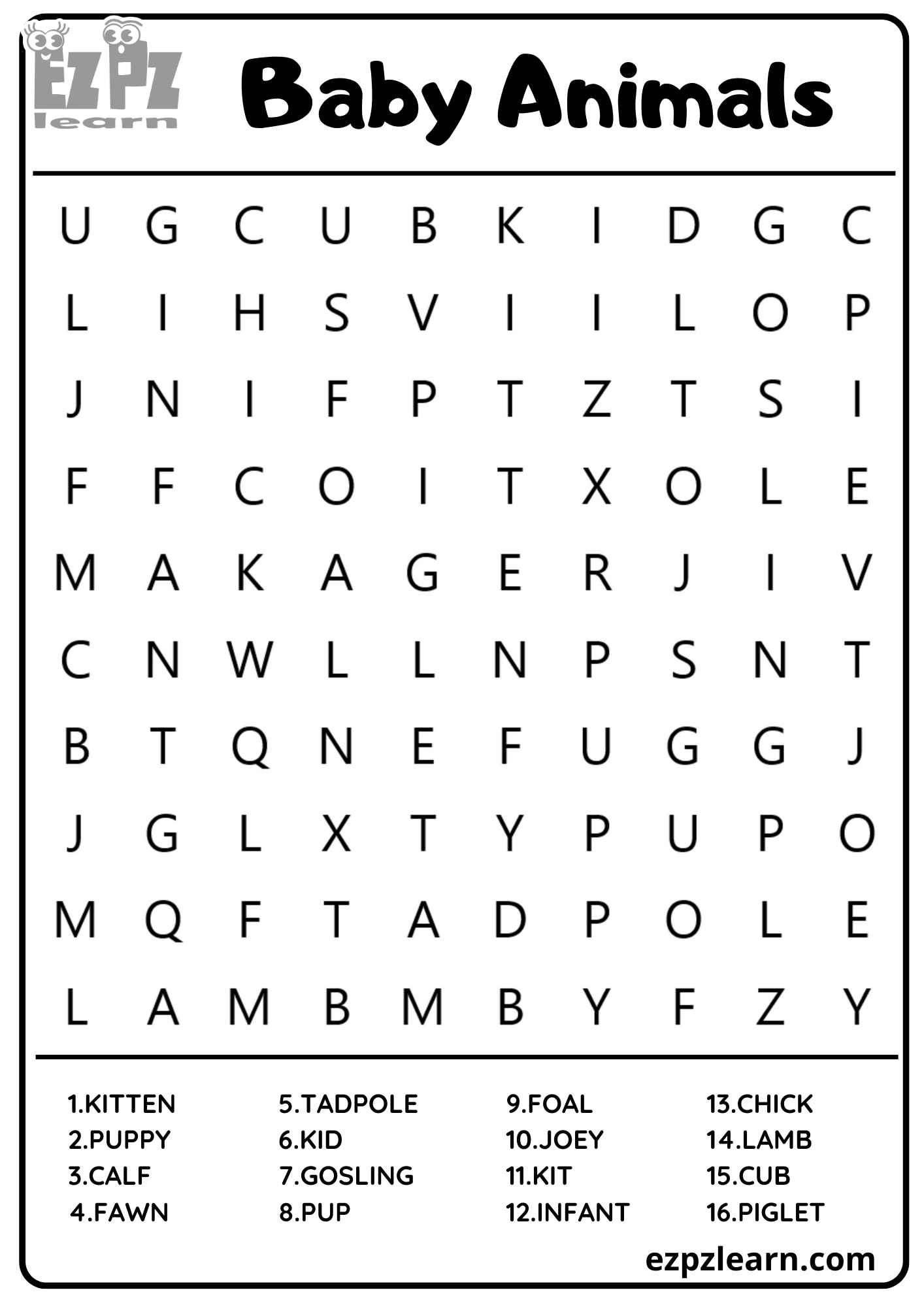 Baby Animals Vocabulary Word Search PDF - Ezpzlearn.com