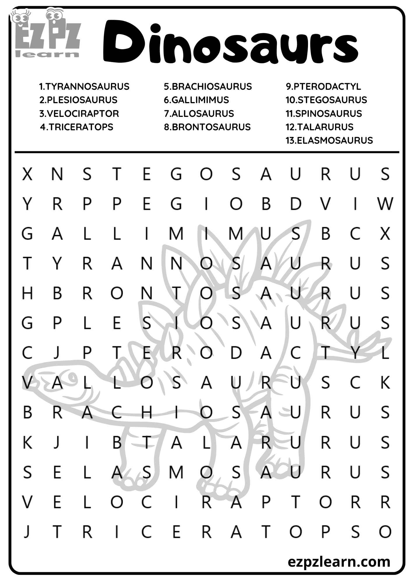 Dinosaurs Vocabulary Word Search 13 Words For Kids And ESL Free PDF