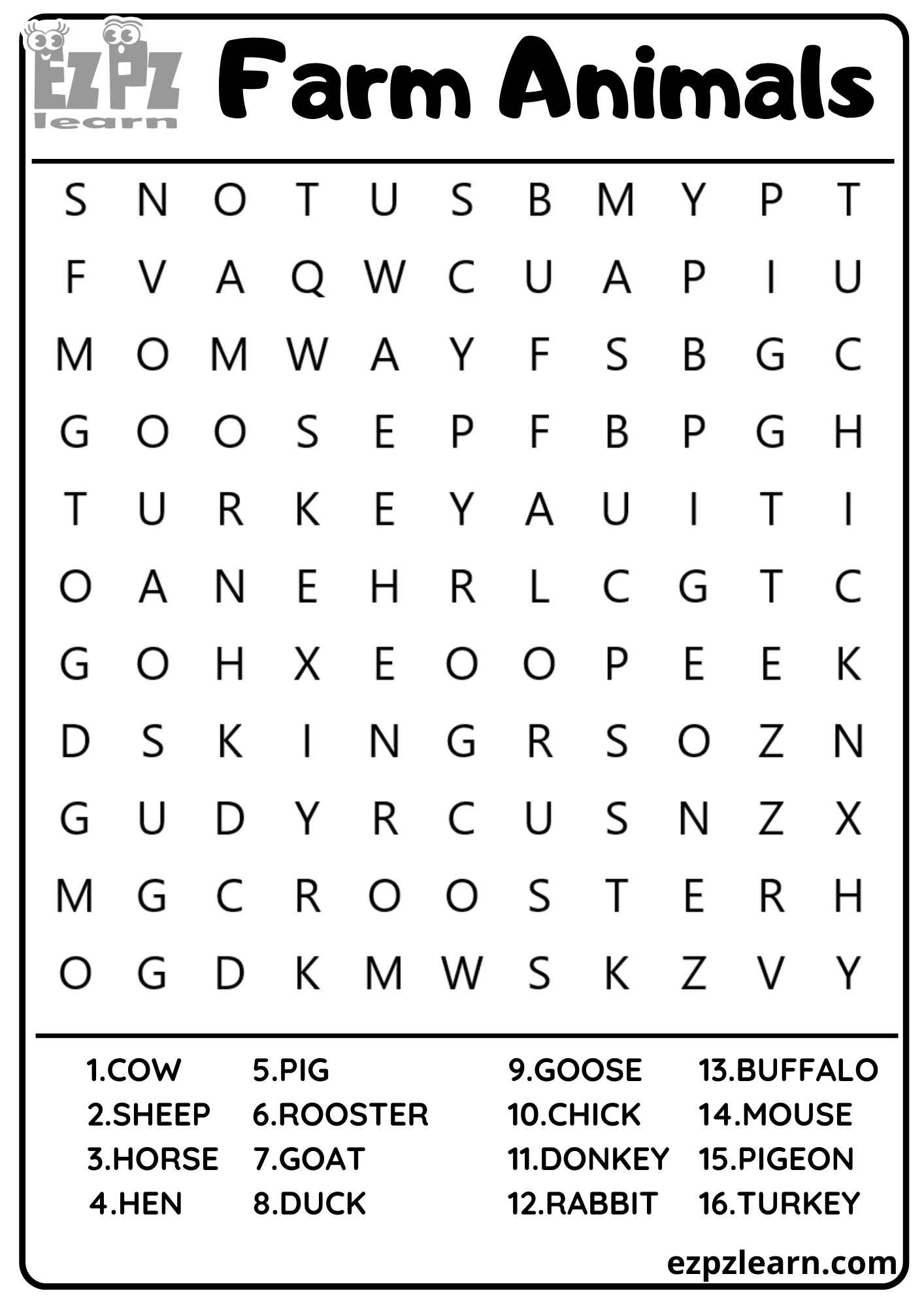 Farm Animals Vocabulary Word Search 16 Words For Kids and ESL Free PDF ...