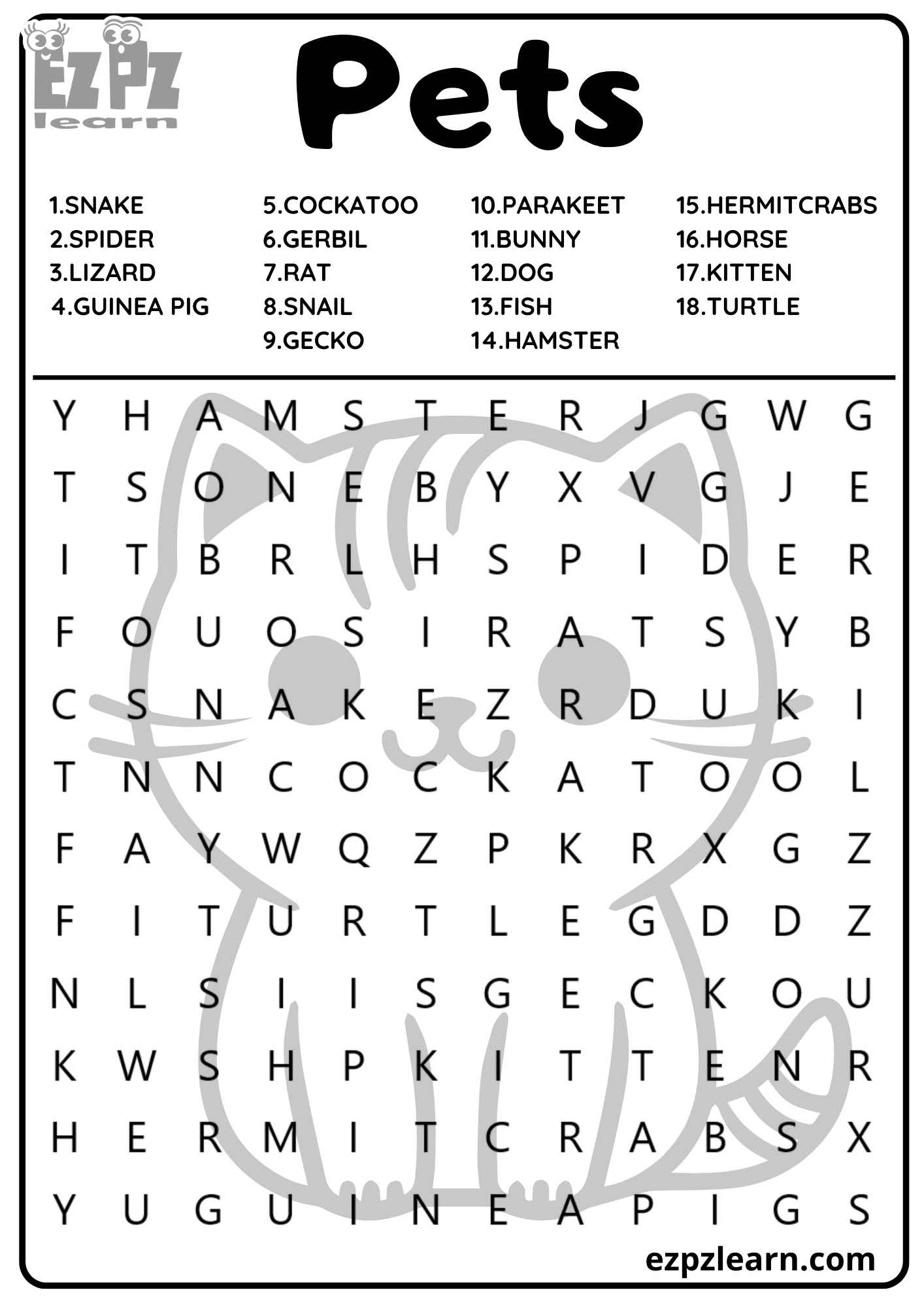 Pets Vocabulary Word Search for Kids and English Language Learners 18 ...