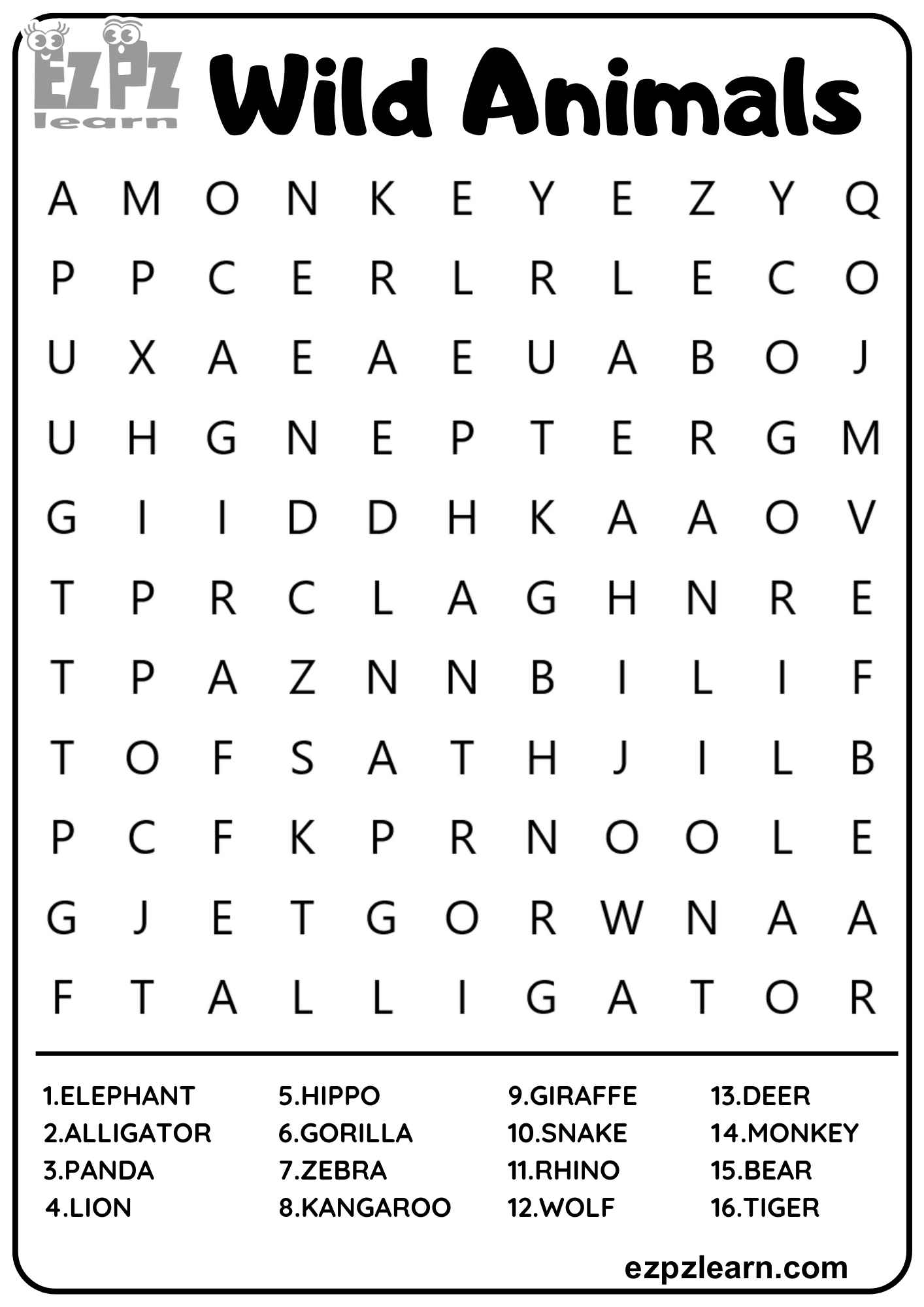 Wild Animals Vocabulary Word Search for Kids and English Language ...