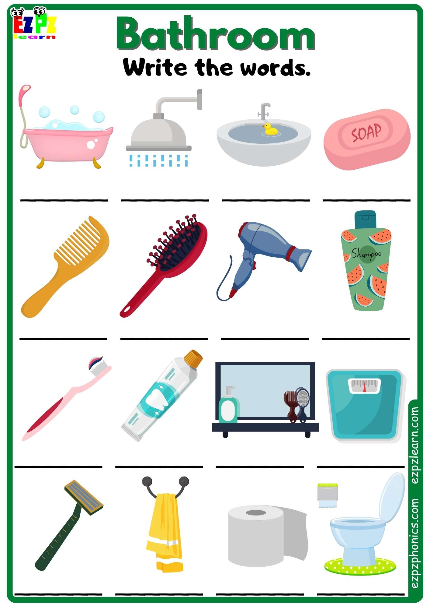 Bathroom Vocabulary Write the Words Free PDF Download - Ezpzlearn.com