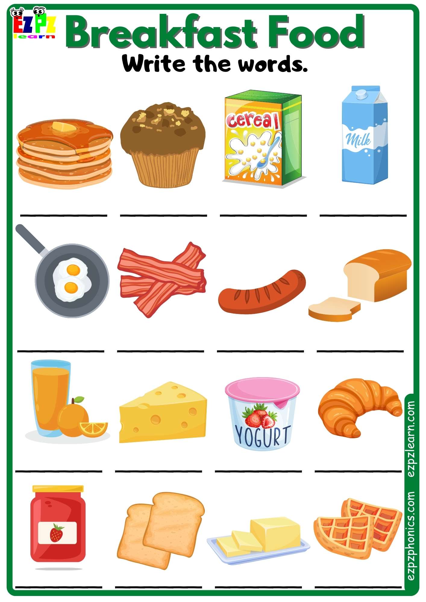 Breakfast Food Vocabulary Write the Words Free PDF Download - Ezpzlearn.com