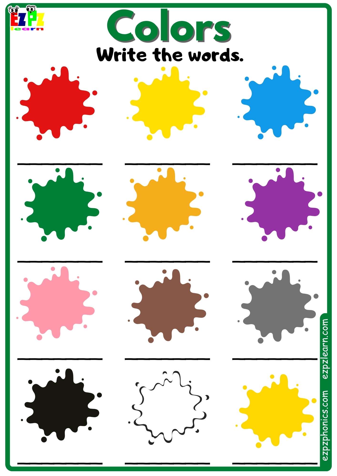 Colors Vocabulary Write the Words Free PDF Download - Ezpzlearn.com