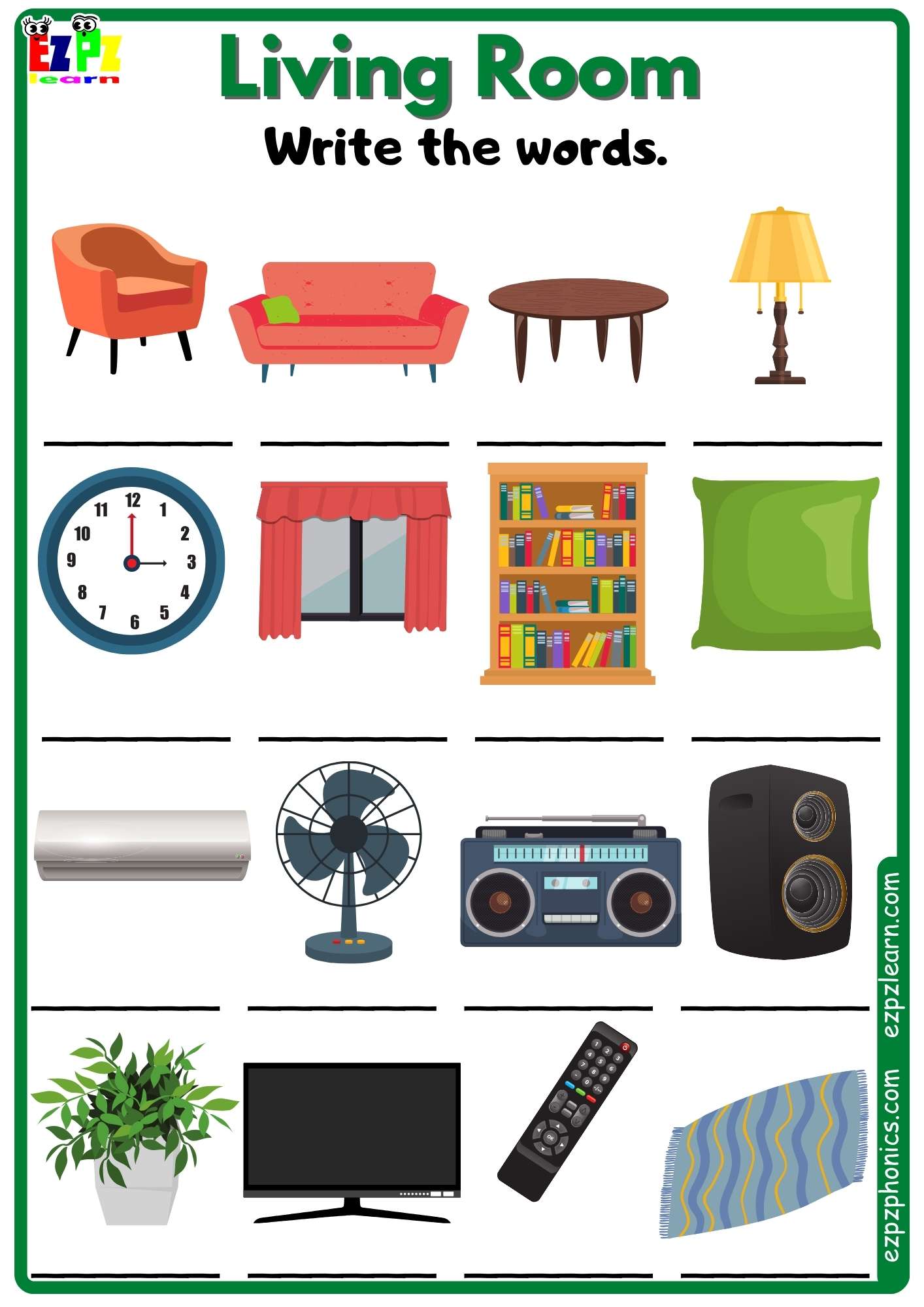 Living Room Vocabulary Write the Words Free PDF Download - Ezpzlearn.com