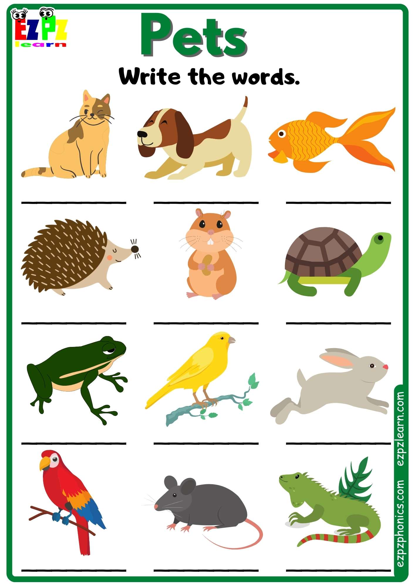 Pets Animals Vocabulary Write the Words Free PDF Download - Ezpzlearn.com