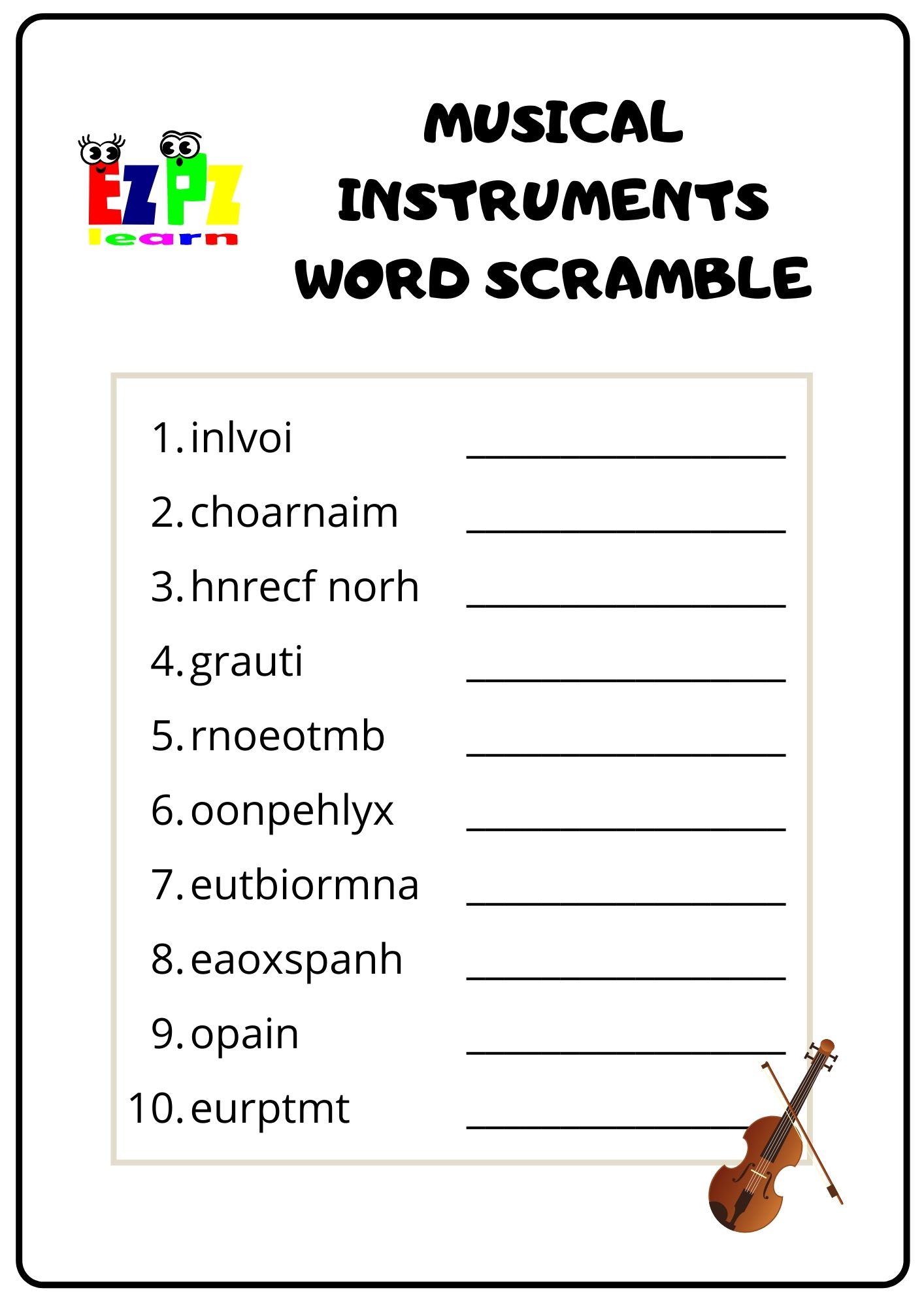 Musical Instrument Word Search Printable - Word Search Maker