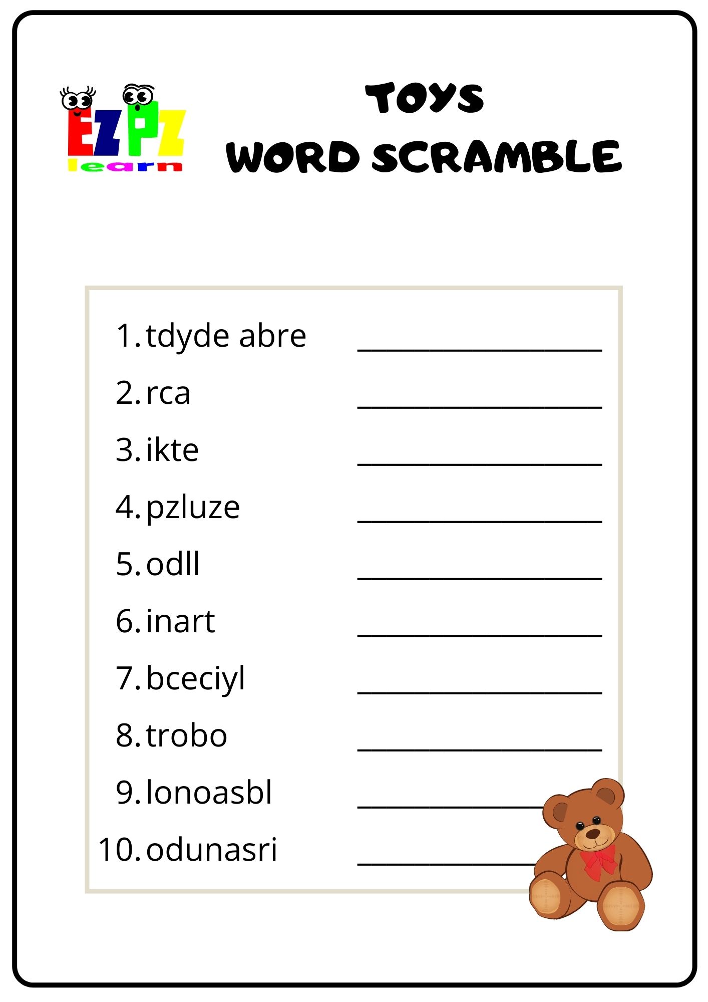 Printable Word Scramble Worksheet