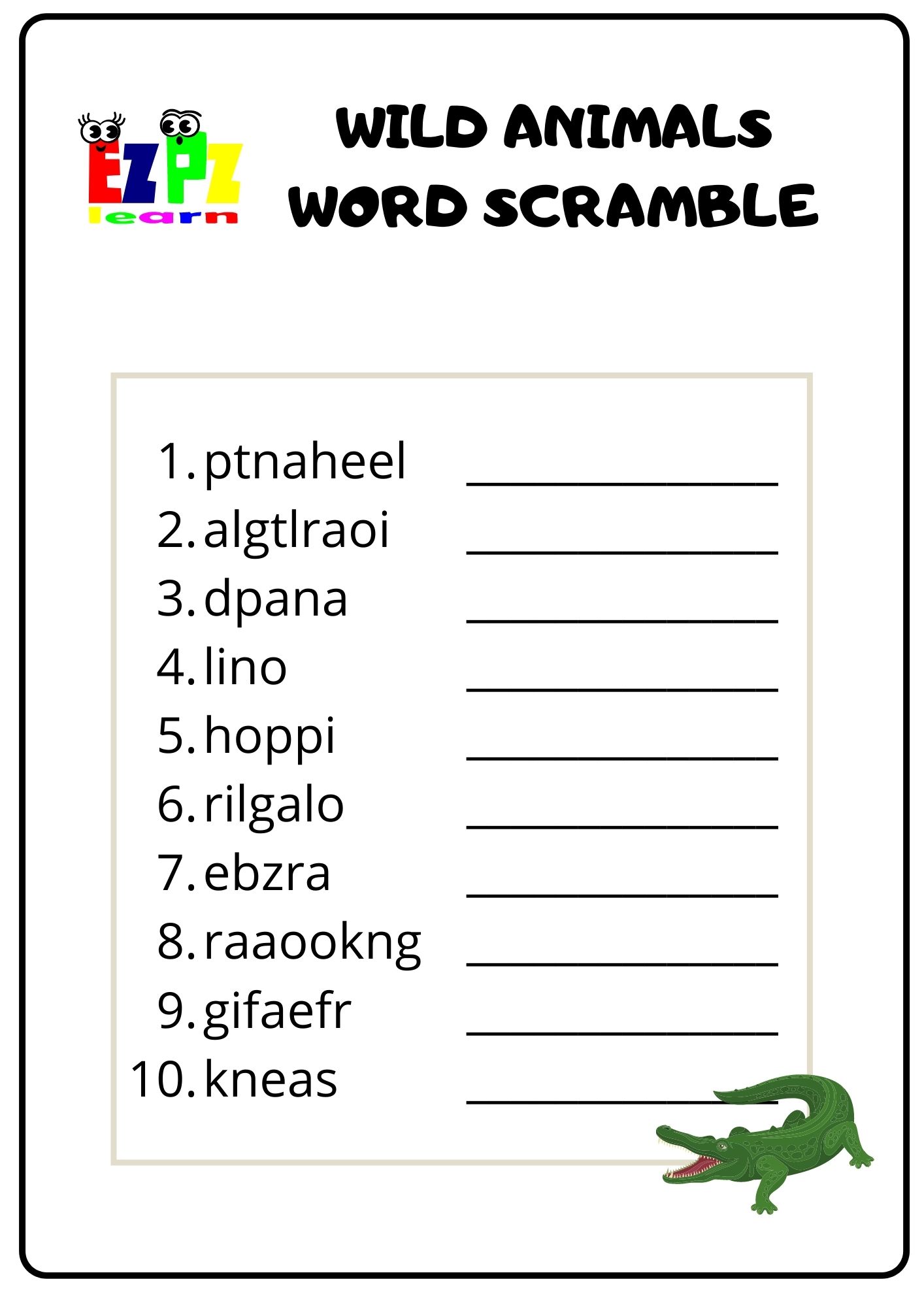 Animal Word Scramble Answers